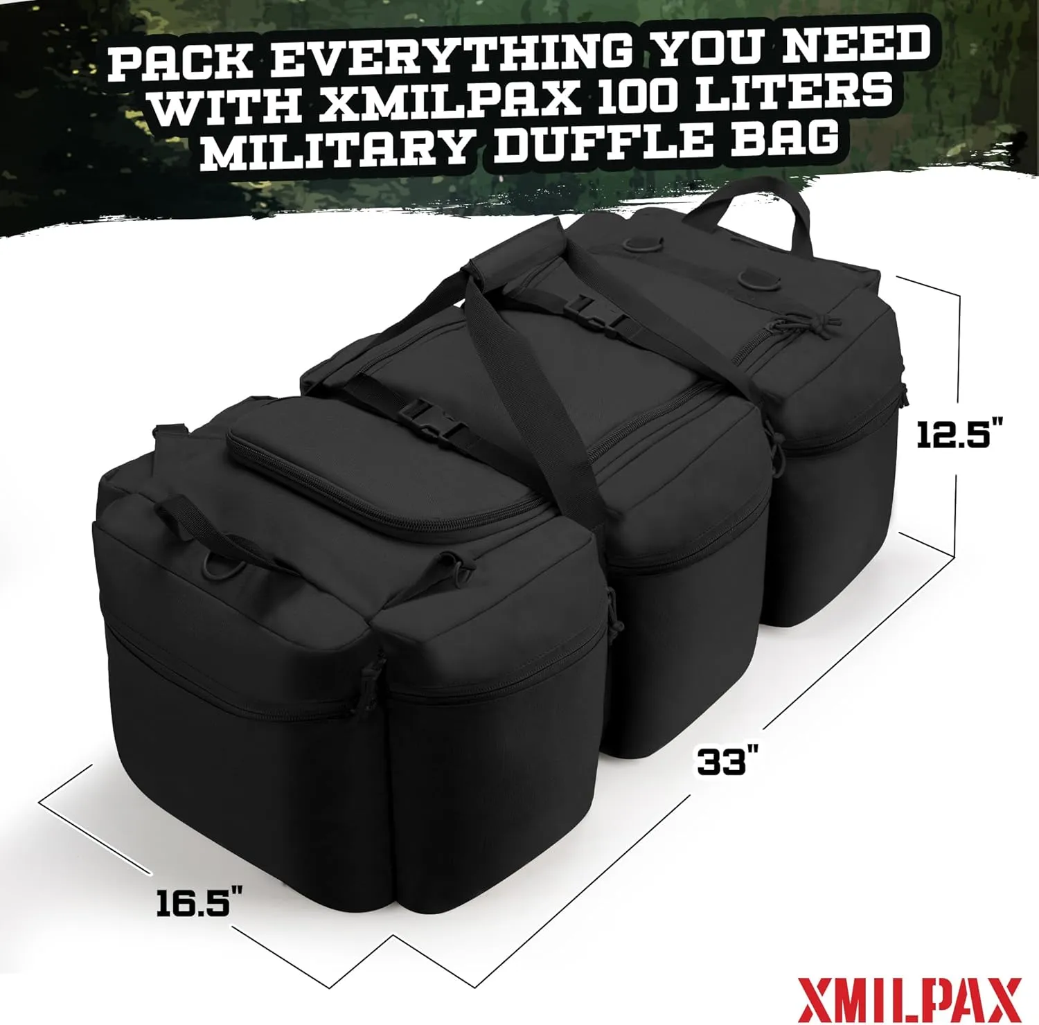 100L Large Military Duffle Bag Deployment Duffel Bag Sports Equipment Travel Luggage Bag with Detachable Backpack Straps