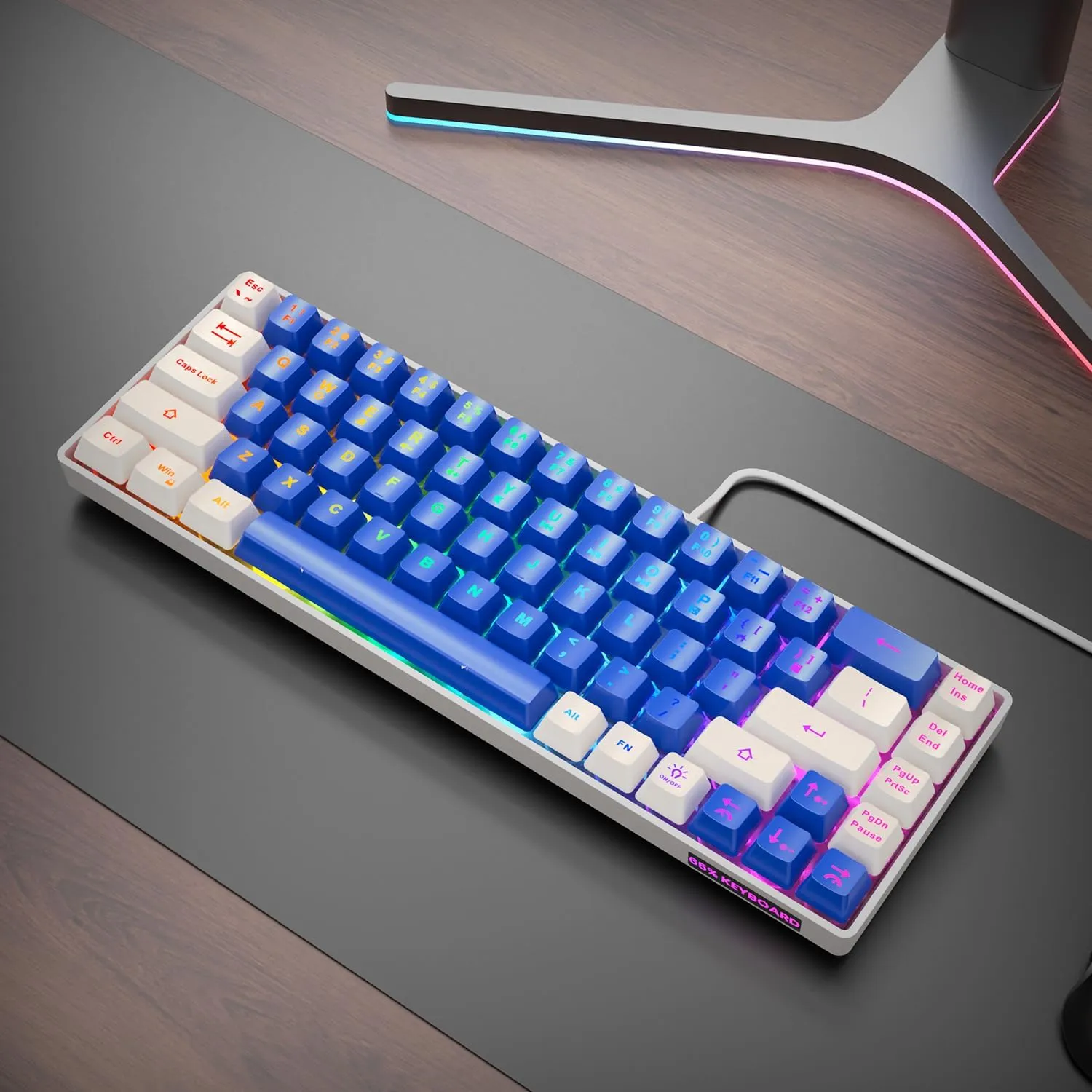 65% Gaming Keyboard, LED Backlit Mini Wired Keyboard, Ultra-Compact Anti-Ghosting No-Conflict 68 Keys Membrane Gaming Wired Keyboard for PC Laptop Windows Gamer(Blue-White)