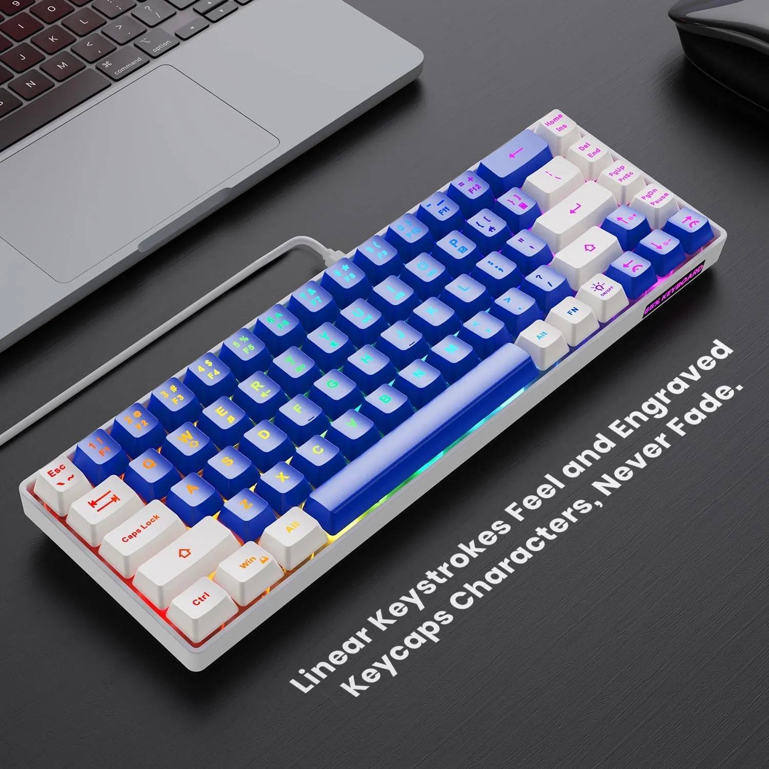 65% Gaming Keyboard, LED Backlit Mini Wired Keyboard, Ultra-Compact Anti-Ghosting No-Conflict 68 Keys Membrane Gaming Wired Keyboard for PC Laptop Windows Gamer(Blue-White)