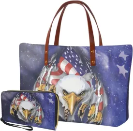 American flag hunting print 2 pcs purse set with wallet casual large capacity shoulder tote bag