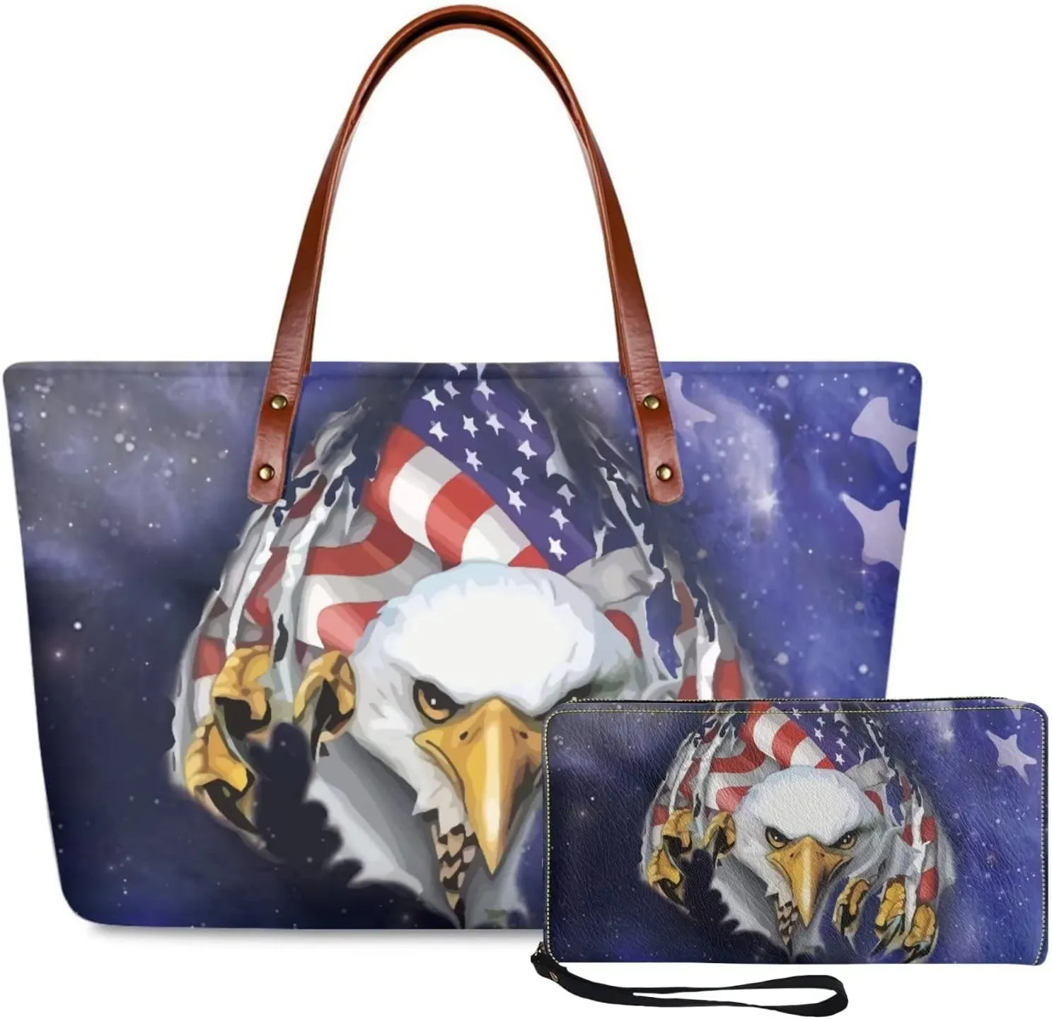American flag hunting print 2 pcs purse set with wallet casual large capacity shoulder tote bag