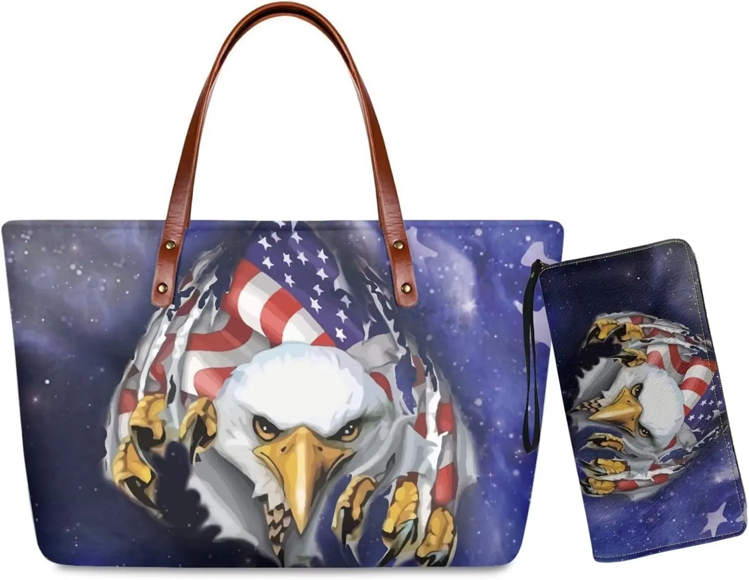American flag hunting print 2 pcs purse set with wallet casual large capacity shoulder tote bag