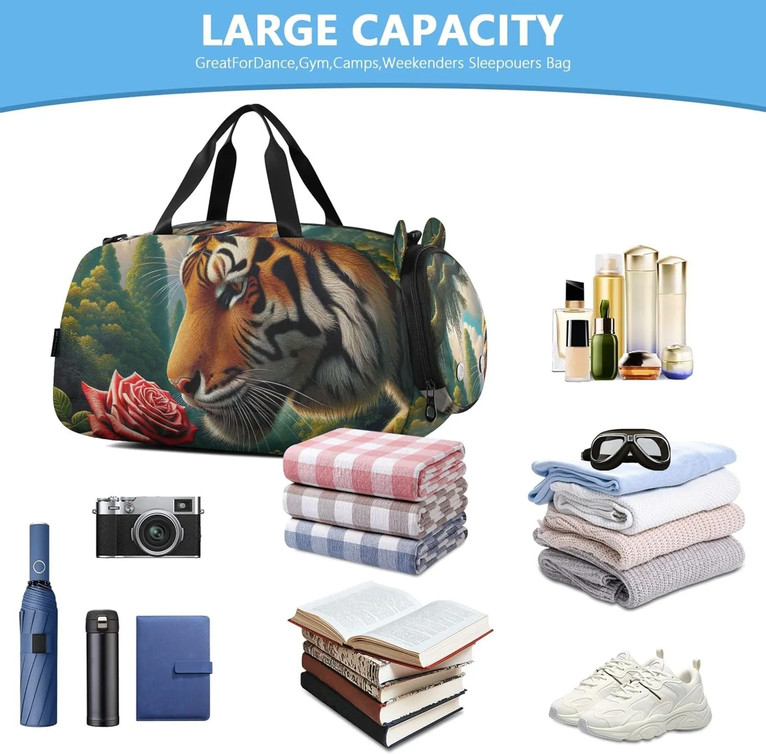 Animal Sniffs Rose Girls Duffle Bags Travel Tote Weekend Duffel Overnight Boys Carry on Duffel Sports Dance Bag