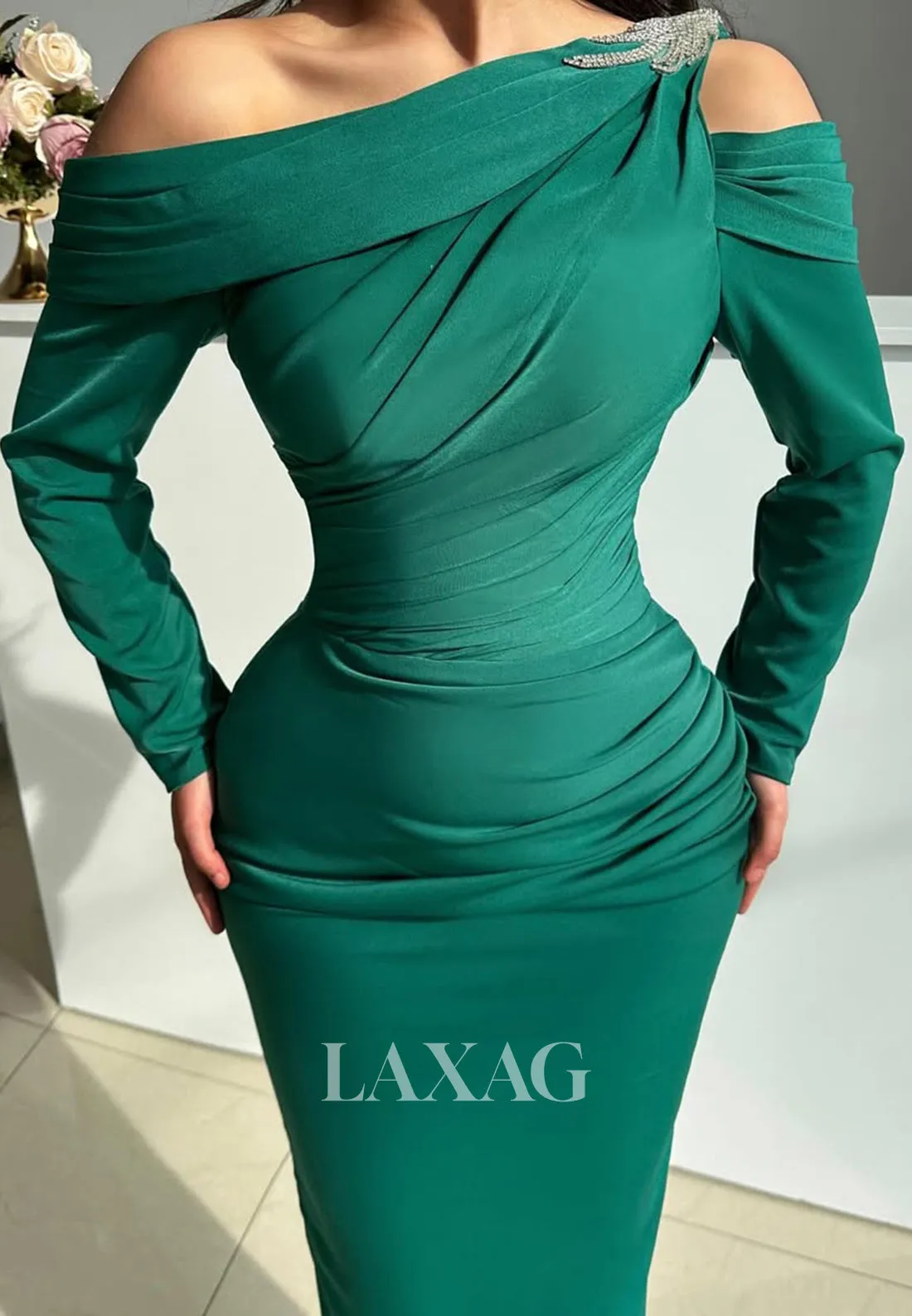 Asymmetrical-Neck Off-Shoulder Long-Sleeves Beaded Pleated Floor-Length Satin Mermaid Prom Dress