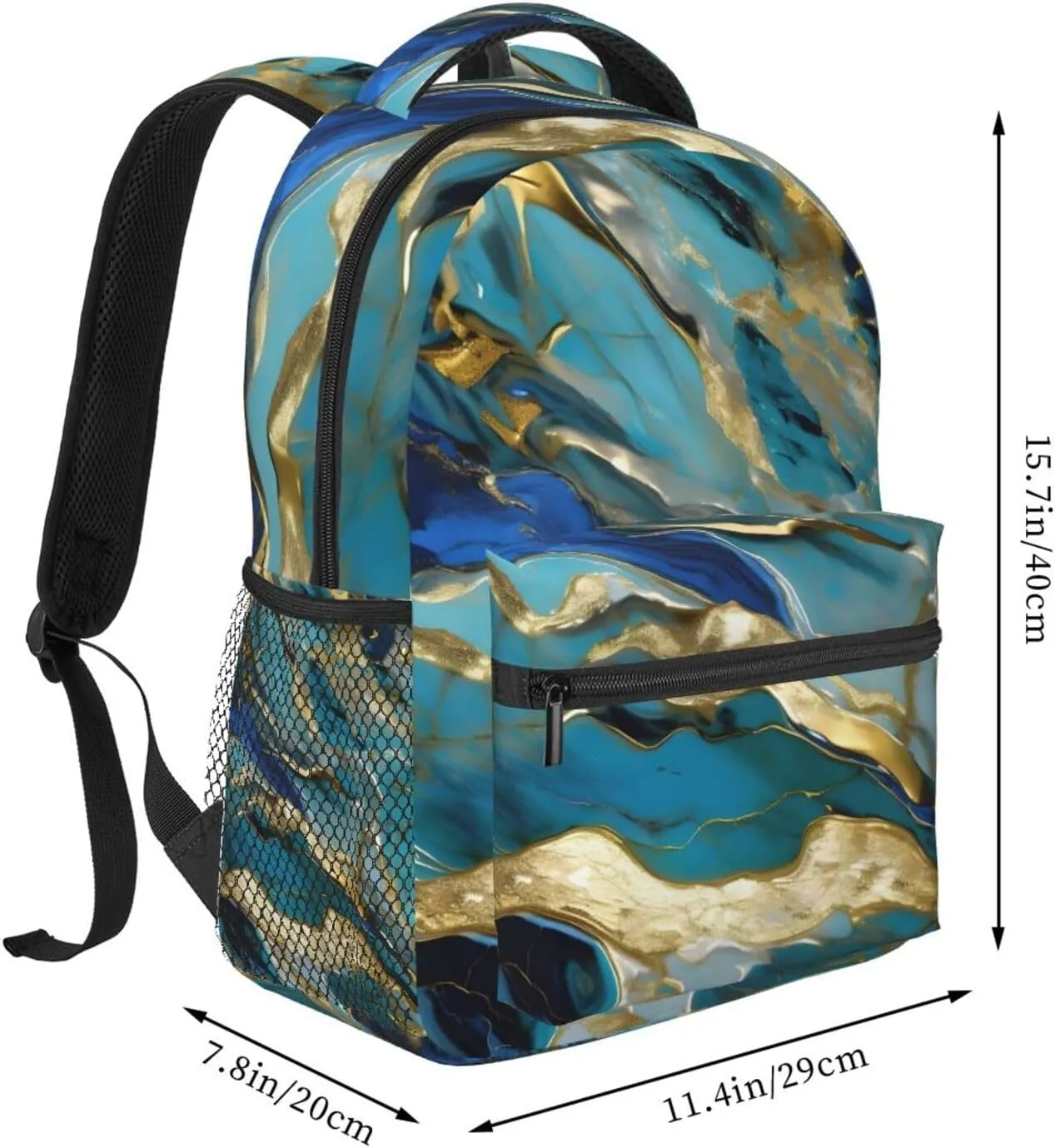 Azurite Teal And Foil Gold Oil Marble Pattern Print Travel Canvas Laptop Backpack For Women Men Aesthetic Backpack Casual Daypack