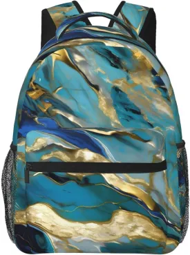 Azurite Teal And Foil Gold Oil Marble Pattern Print Travel Canvas Laptop Backpack For Women Men Aesthetic Backpack Casual Daypack