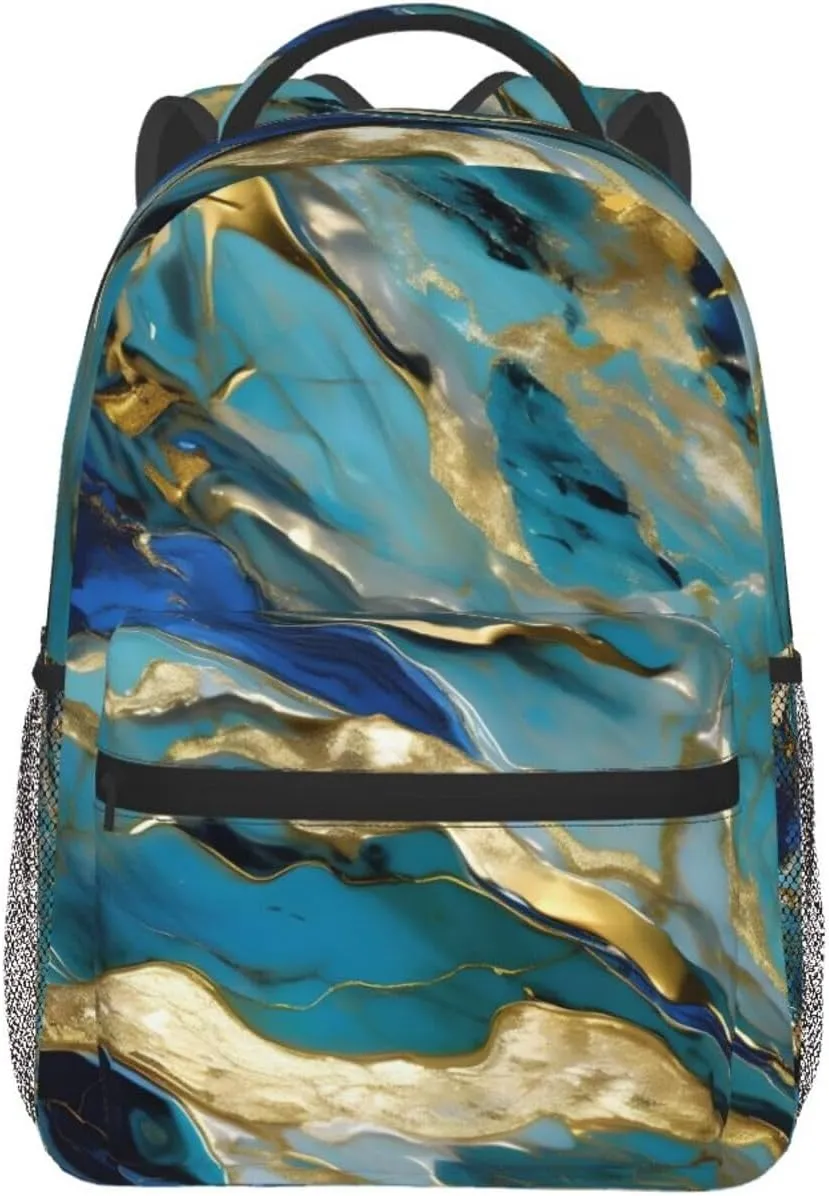 Azurite Teal And Foil Gold Oil Marble Pattern Print Travel Canvas Laptop Backpack For Women Men Aesthetic Backpack Casual Daypack