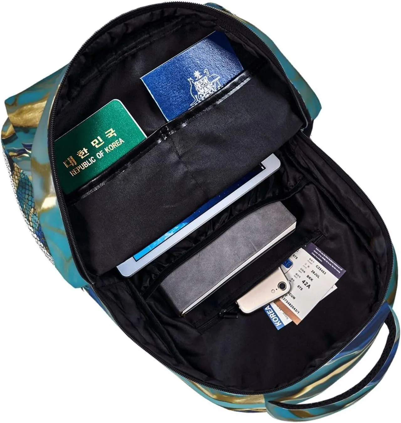 Azurite Teal And Foil Gold Oil Marble Pattern Print Travel Canvas Laptop Backpack For Women Men Aesthetic Backpack Casual Daypack