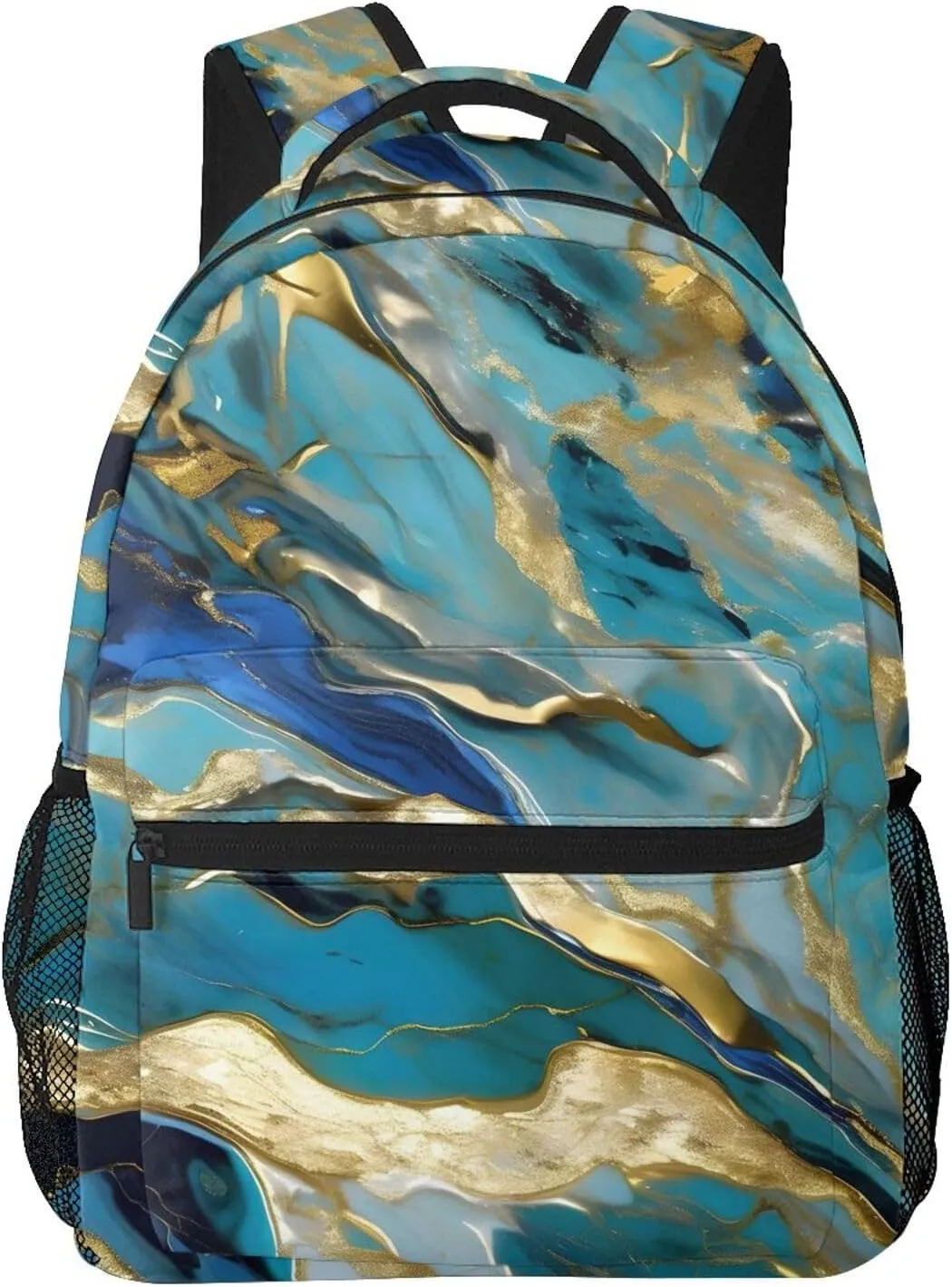 Azurite Teal And Foil Gold Oil Marble Pattern Print Travel Canvas Laptop Backpack For Women Men Aesthetic Backpack Casual Daypack