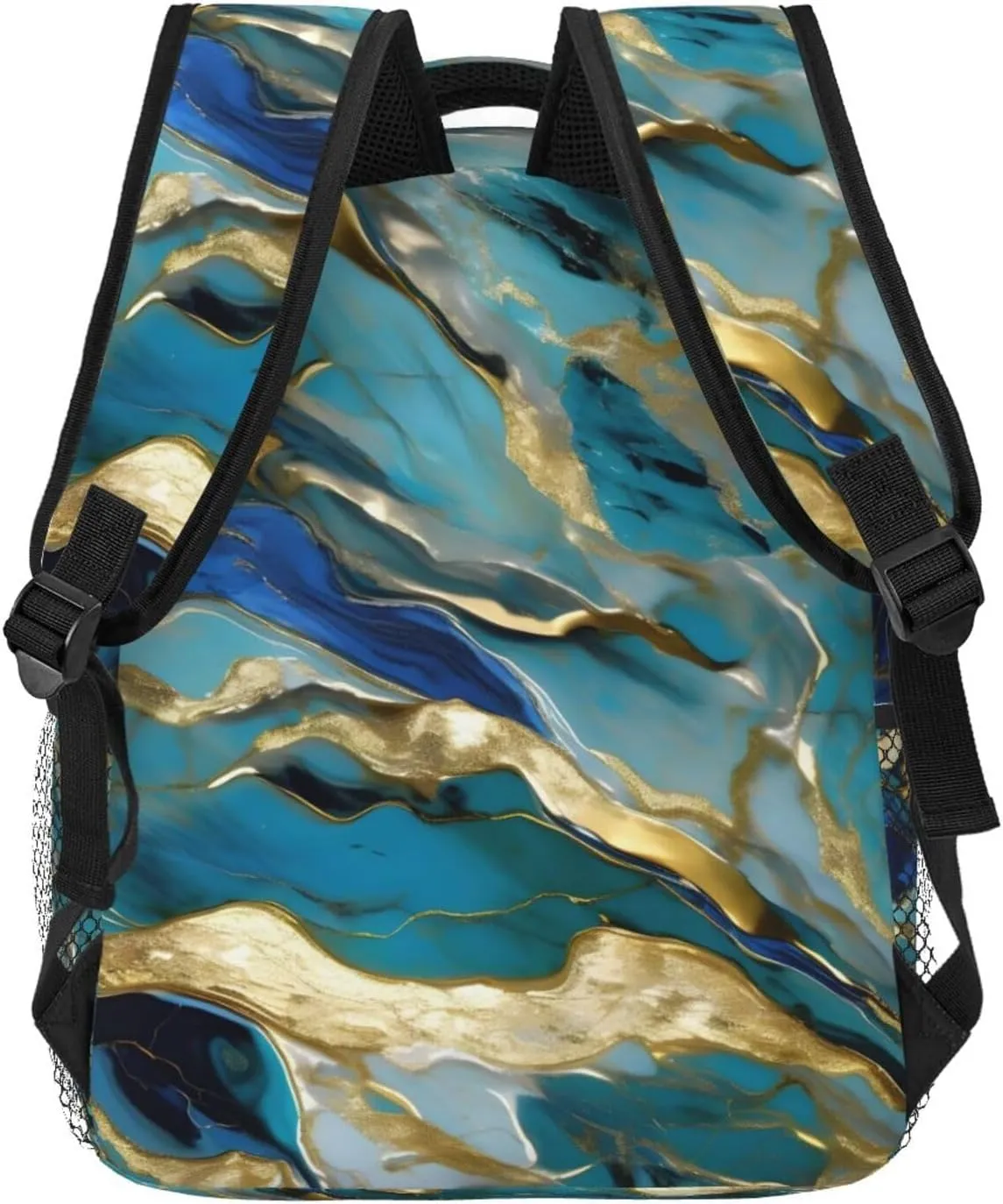 Azurite Teal And Foil Gold Oil Marble Pattern Print Travel Canvas Laptop Backpack For Women Men Aesthetic Backpack Casual Daypack