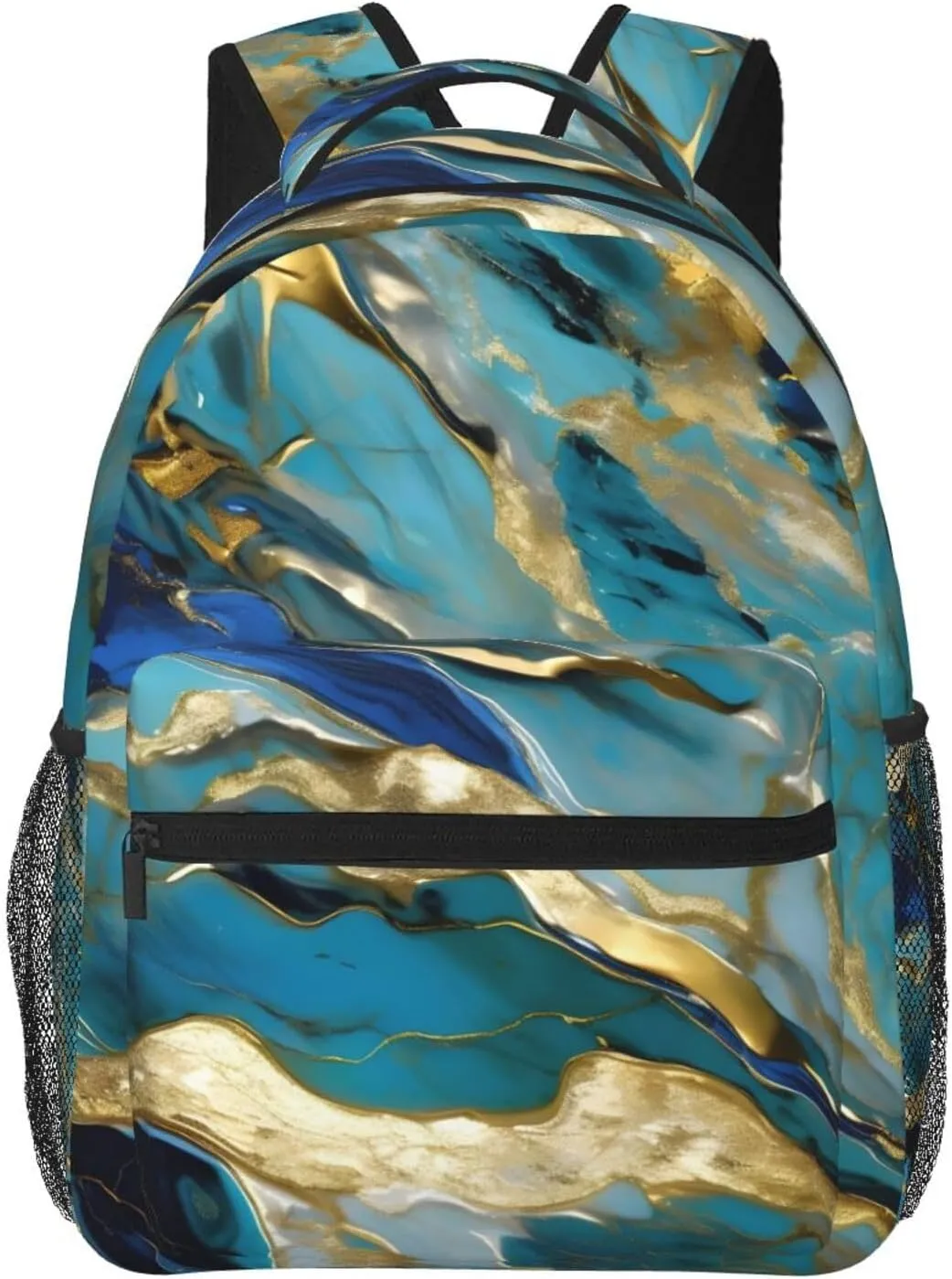 Azurite Teal And Foil Gold Oil Marble Pattern Print Travel Canvas Laptop Backpack For Women Men Aesthetic Backpack Casual Daypack
