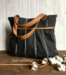 BagEnvy Handbags - Monterey Large Diaper Bag - with Vegan Leather - In Black Beaded Stripe - or Custom Design Your own