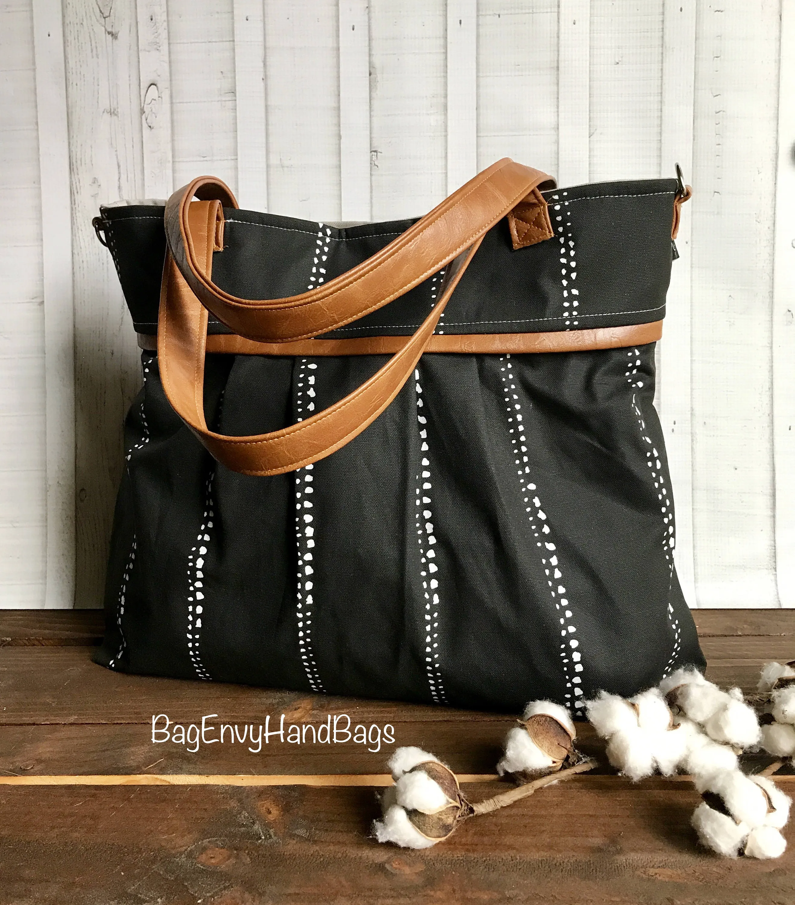 BagEnvy Handbags - Monterey Large Diaper Bag - with Vegan Leather - In Black Beaded Stripe - or Custom Design Your own