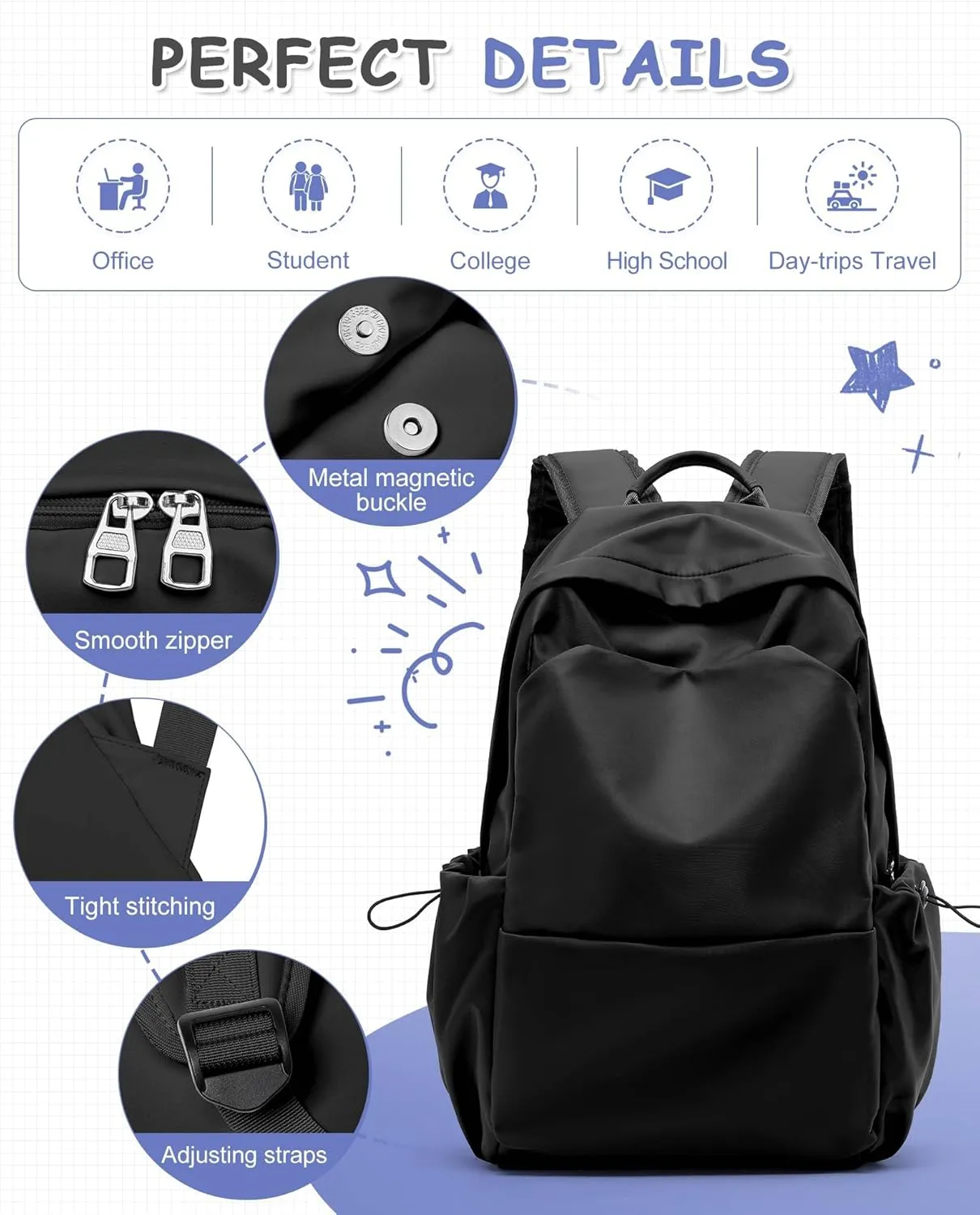 Black School Backpack Large Middle High School Book Bag for Boys Girls Elementary School Bag Back to School Bag for Teens 18" Mochila Escolar para Nios Adolescentes Gifts