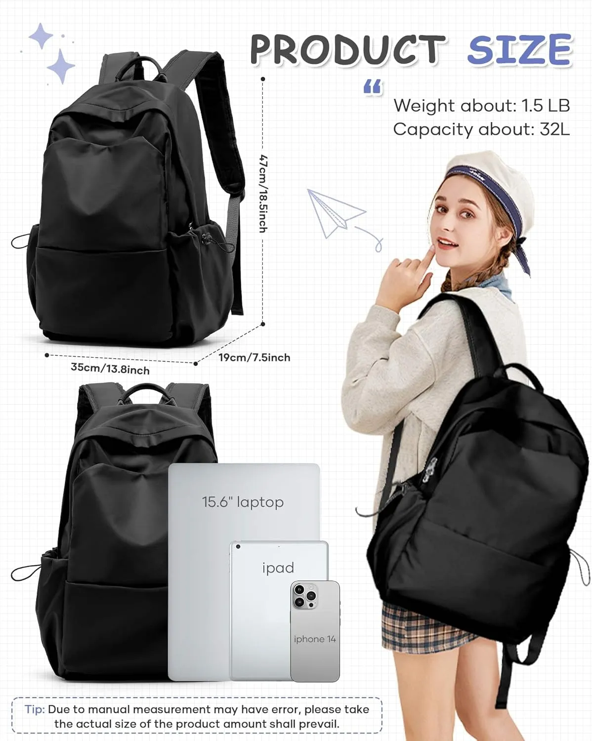 Black School Backpack Large Middle High School Book Bag for Boys Girls Elementary School Bag Back to School Bag for Teens 18" Mochila Escolar para Nios Adolescentes Gifts