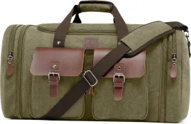 Canvas Duffle Bag for Men 50L Travel Duffel Bags Expandable Genuine Leather Duffel Overnight Weekender Carry On Bag Two Zipper Pockets Travel Bag (Army Green, Large-50L)