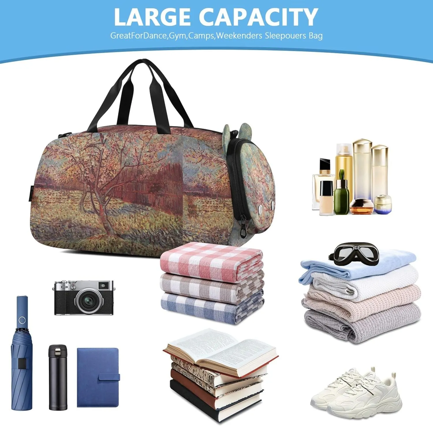 Carry on Duffel Bag for Boys Weekend Duffel Overnight Girls Tote Duffle Bags Travel with Shoulder Strap Pink Peach Tree Blossom Vangogh