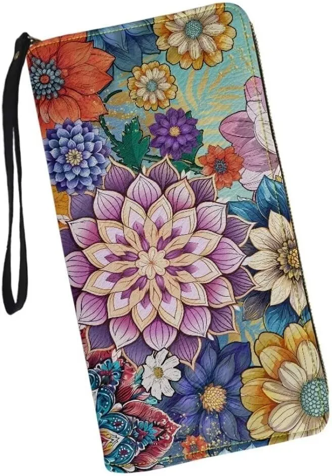 Coldinair Boho Flower Womens Wallet with Wrist Strap RFID Blocking PU Leather Coin Bag Aztec Handbag for Ladies Cluth Long Purse for Travel