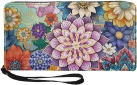 Coldinair Boho Flower Womens Wallet with Wrist Strap RFID Blocking PU Leather Coin Bag Aztec Handbag for Ladies Cluth Long Purse for Travel