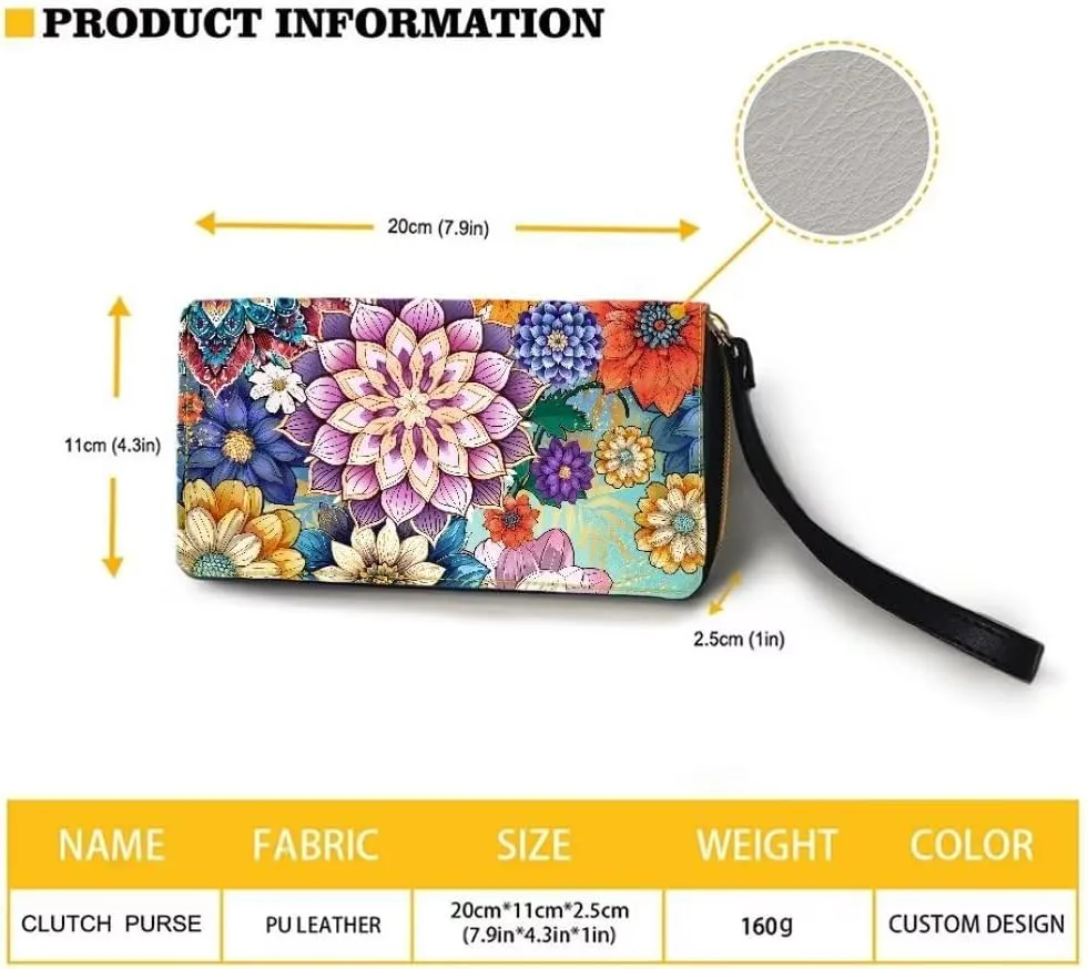 Coldinair Boho Flower Womens Wallet with Wrist Strap RFID Blocking PU Leather Coin Bag Aztec Handbag for Ladies Cluth Long Purse for Travel