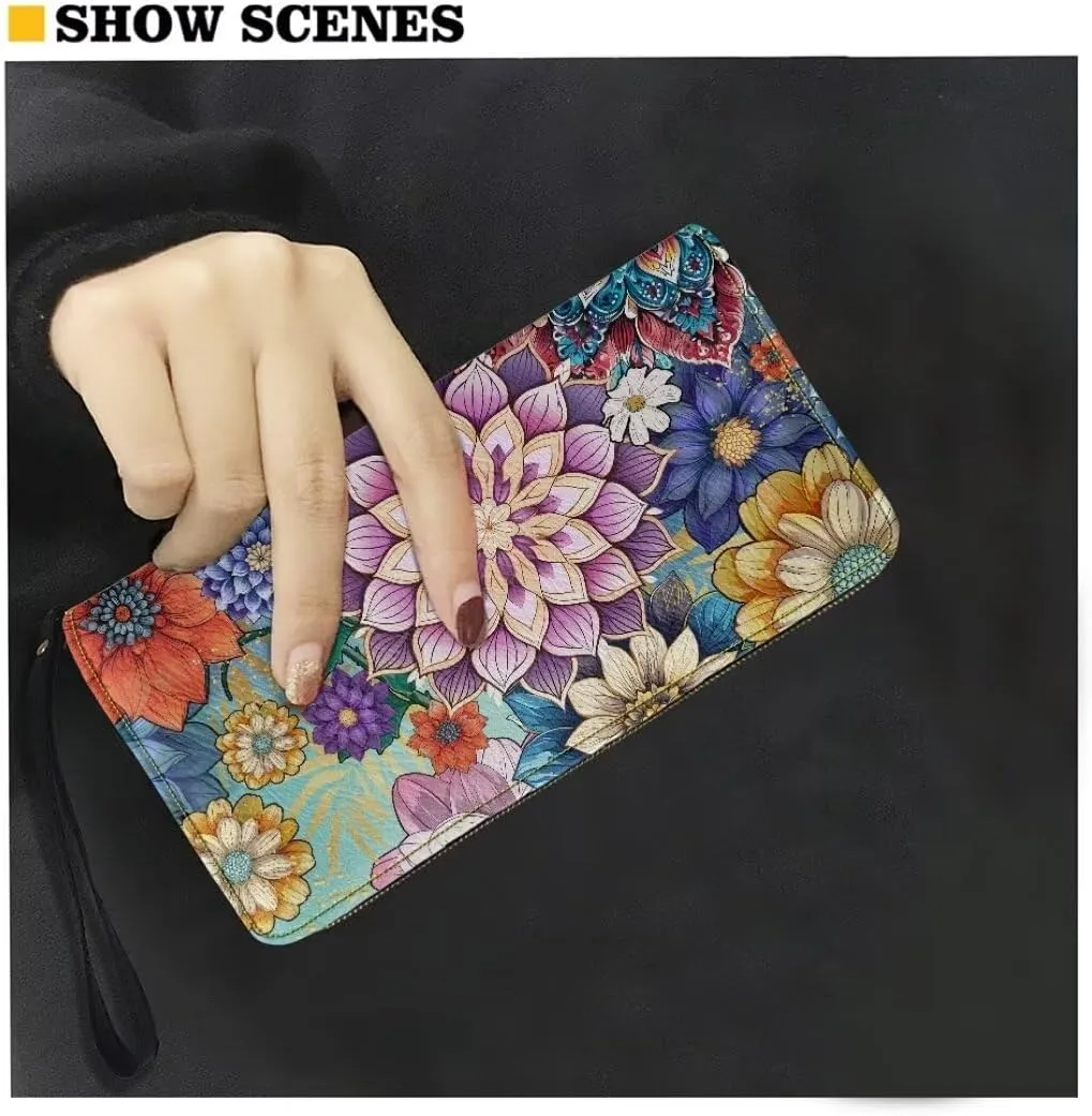 Coldinair Boho Flower Womens Wallet with Wrist Strap RFID Blocking PU Leather Coin Bag Aztec Handbag for Ladies Cluth Long Purse for Travel