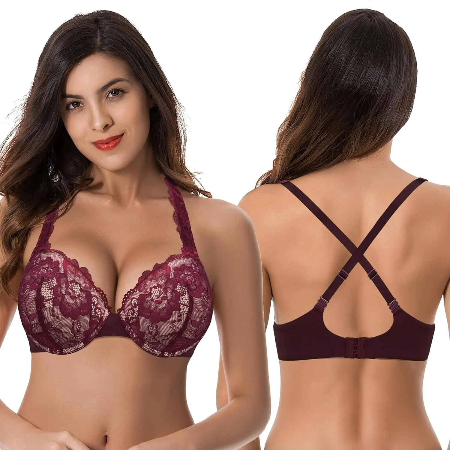 Curve Muse Women's Plus Size Add 1 and a Half Cup Push Up Convertible Lace Bras