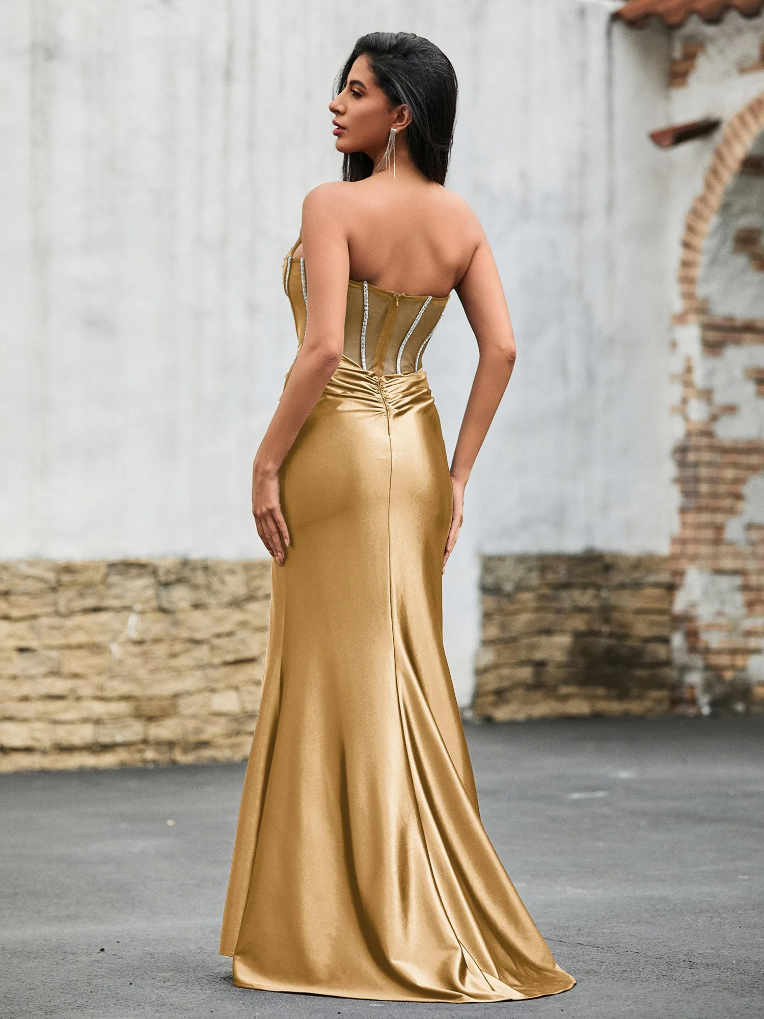 Diamand Corset Stretch Satin Maxi Dress Gold