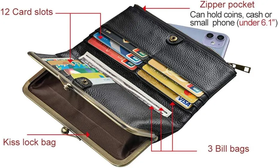 EASTNIGHTS Soft Leather Wallets for Women Compact Bifold RFID Clutch Wallet Ladies Coin Purse with Zipper and Kiss Lock