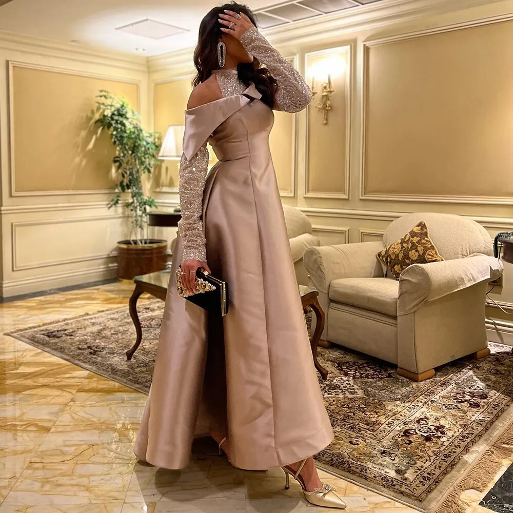 Elegant Khaki Satin Off-Shoulder High Low Evening Dress SF058