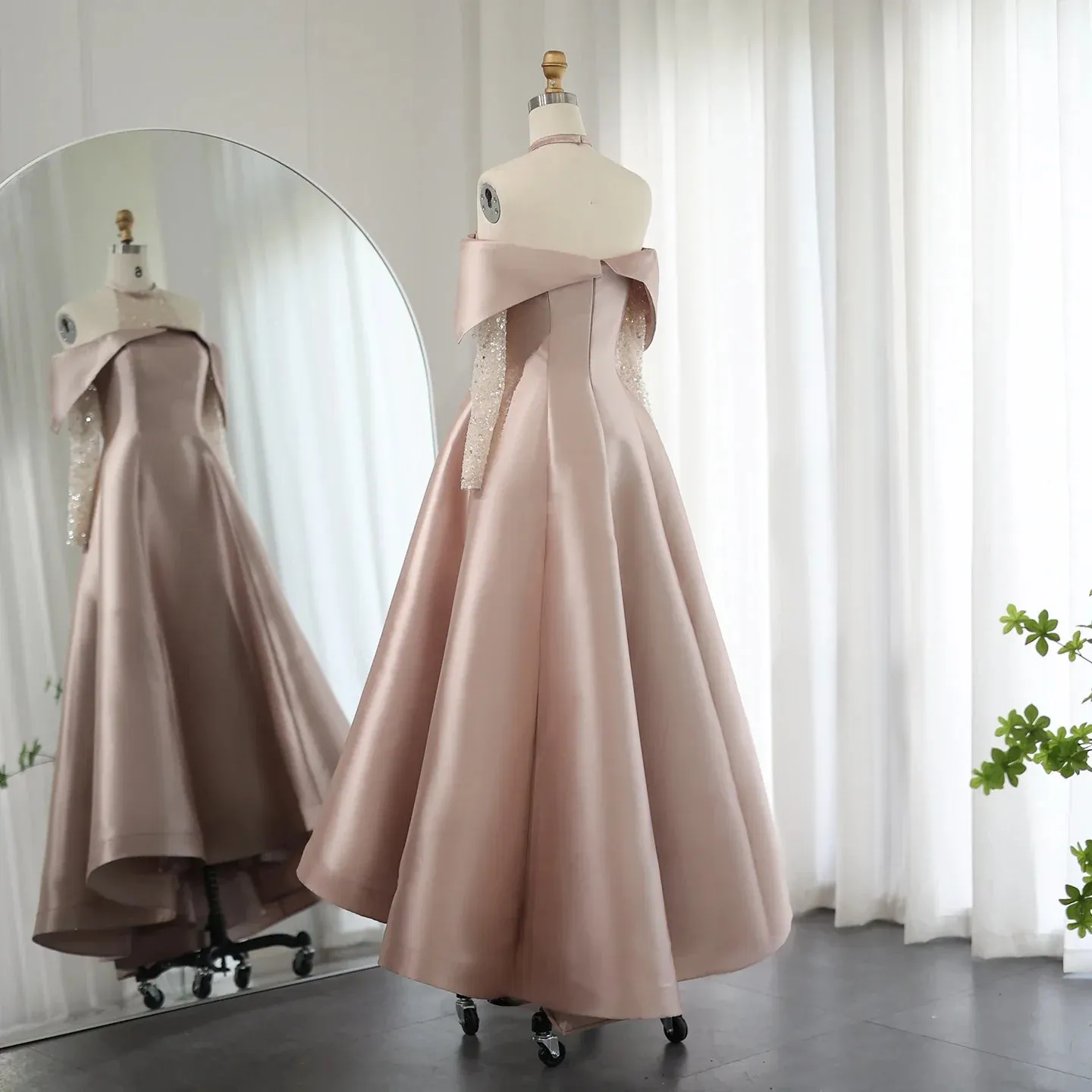 Elegant Khaki Satin Off-Shoulder High Low Evening Dress SF058