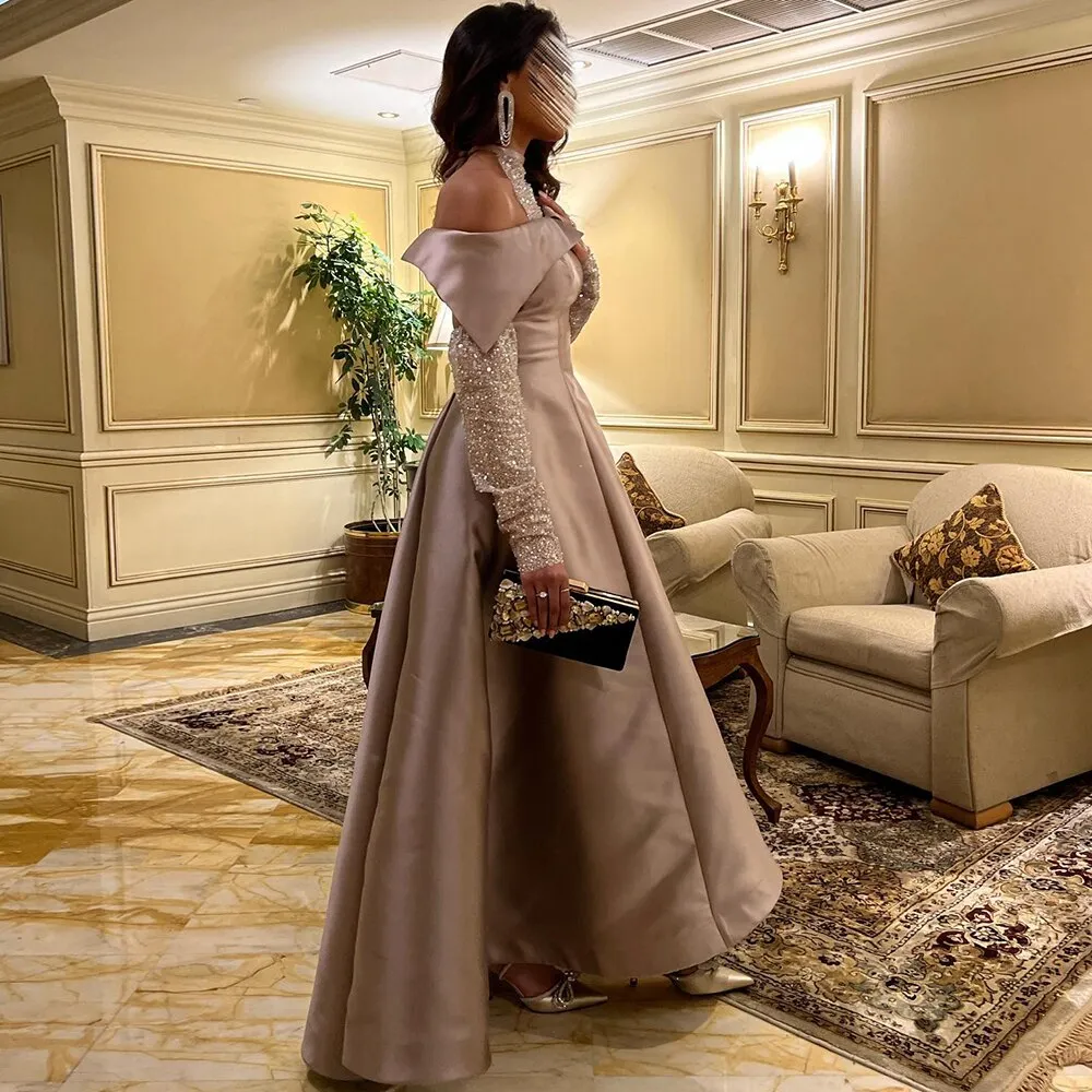 Elegant Khaki Satin Off-Shoulder High Low Evening Dress SF058