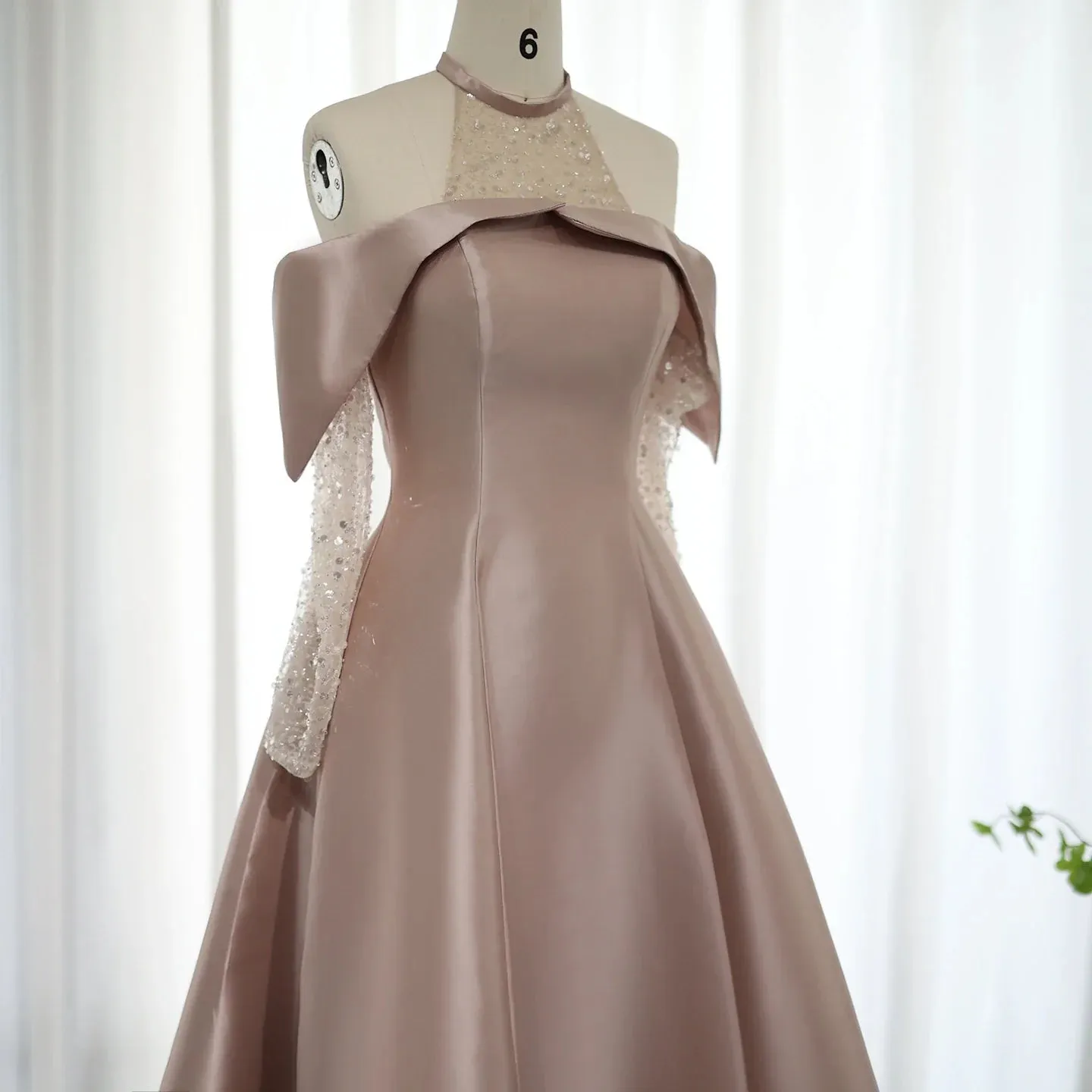 Elegant Khaki Satin Off-Shoulder High Low Evening Dress SF058