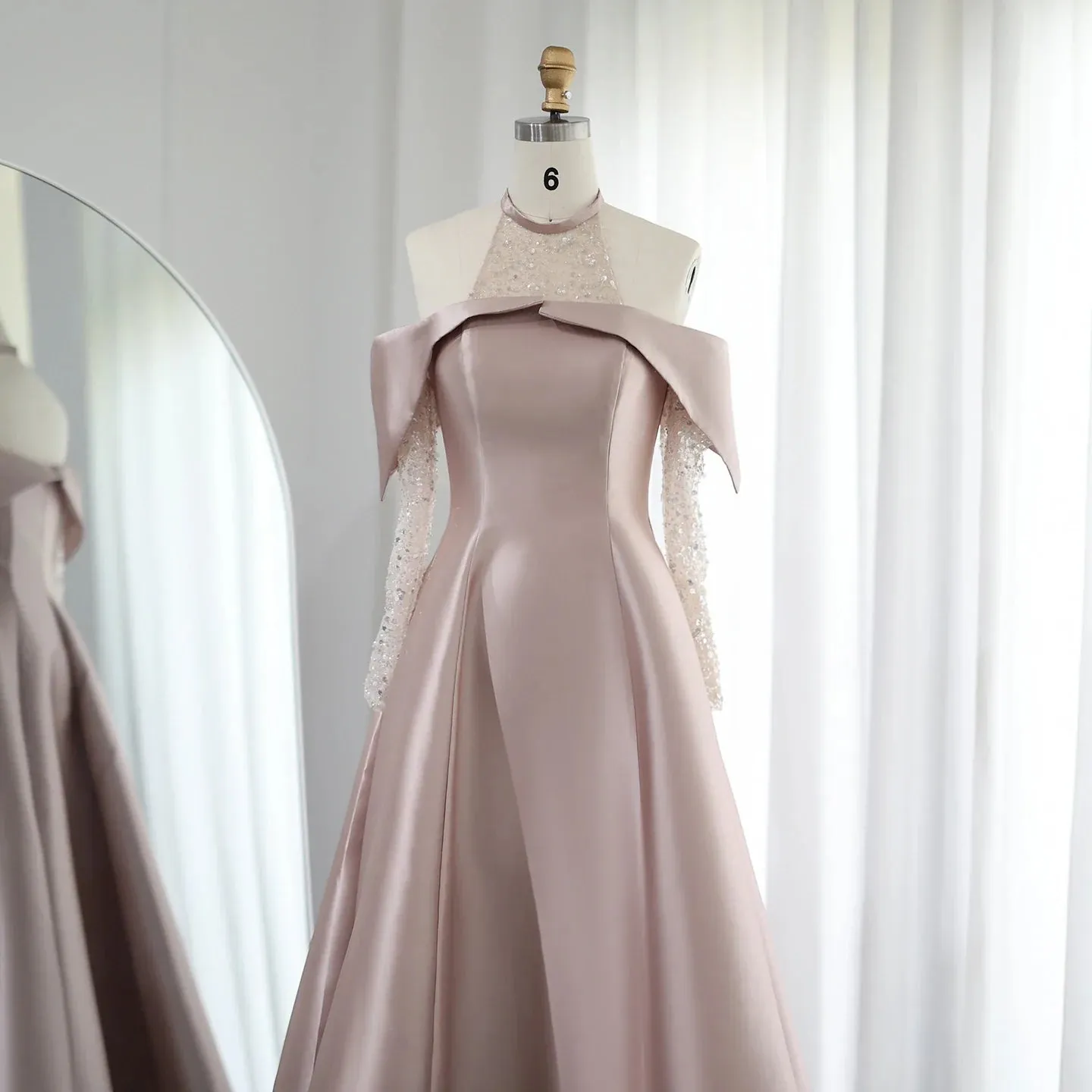 Elegant Khaki Satin Off-Shoulder High Low Evening Dress SF058