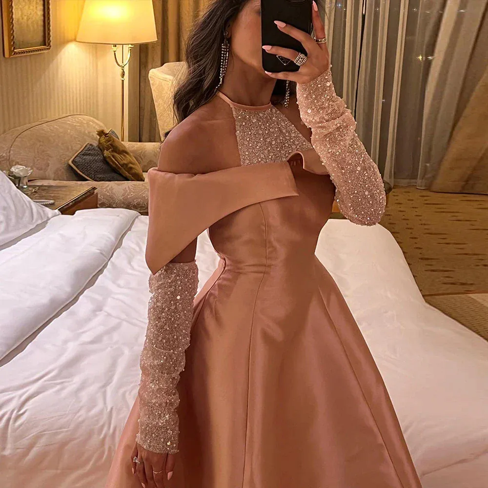 Elegant Khaki Satin Off-Shoulder High Low Evening Dress SF058