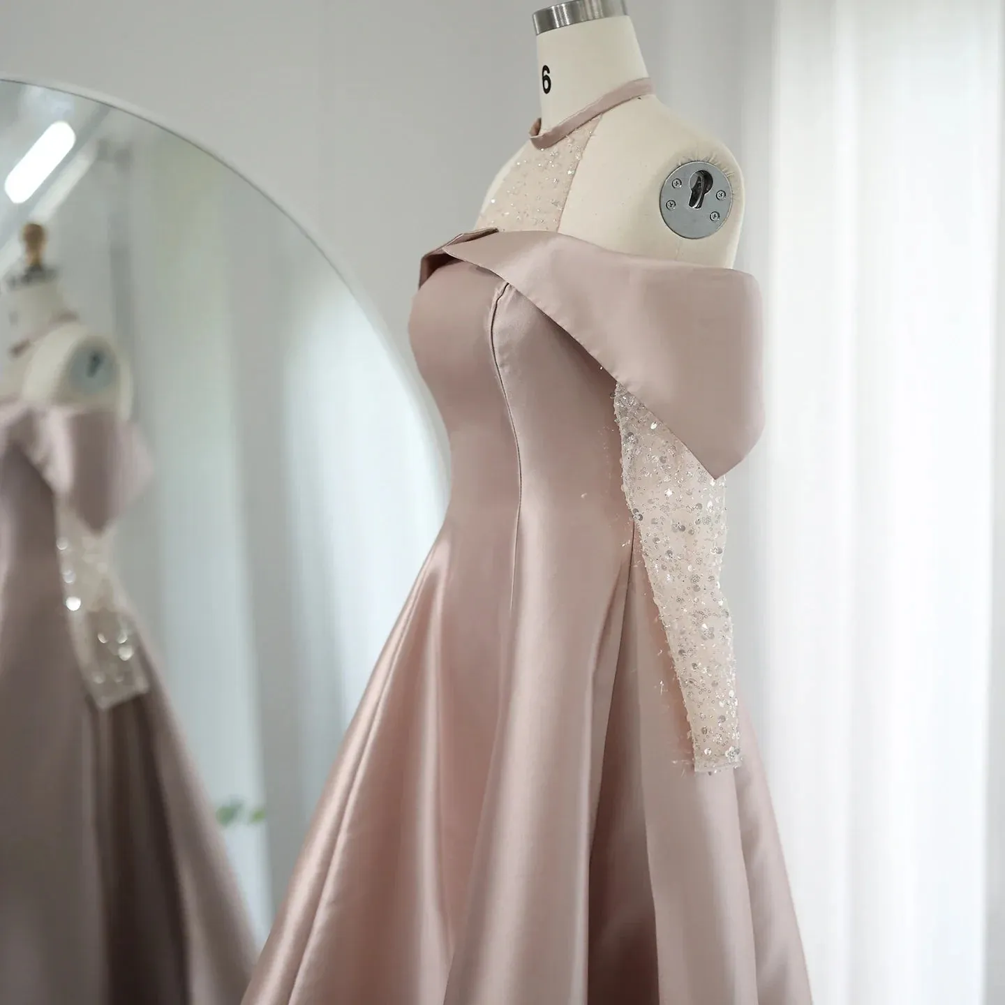 Elegant Khaki Satin Off-Shoulder High Low Evening Dress SF058