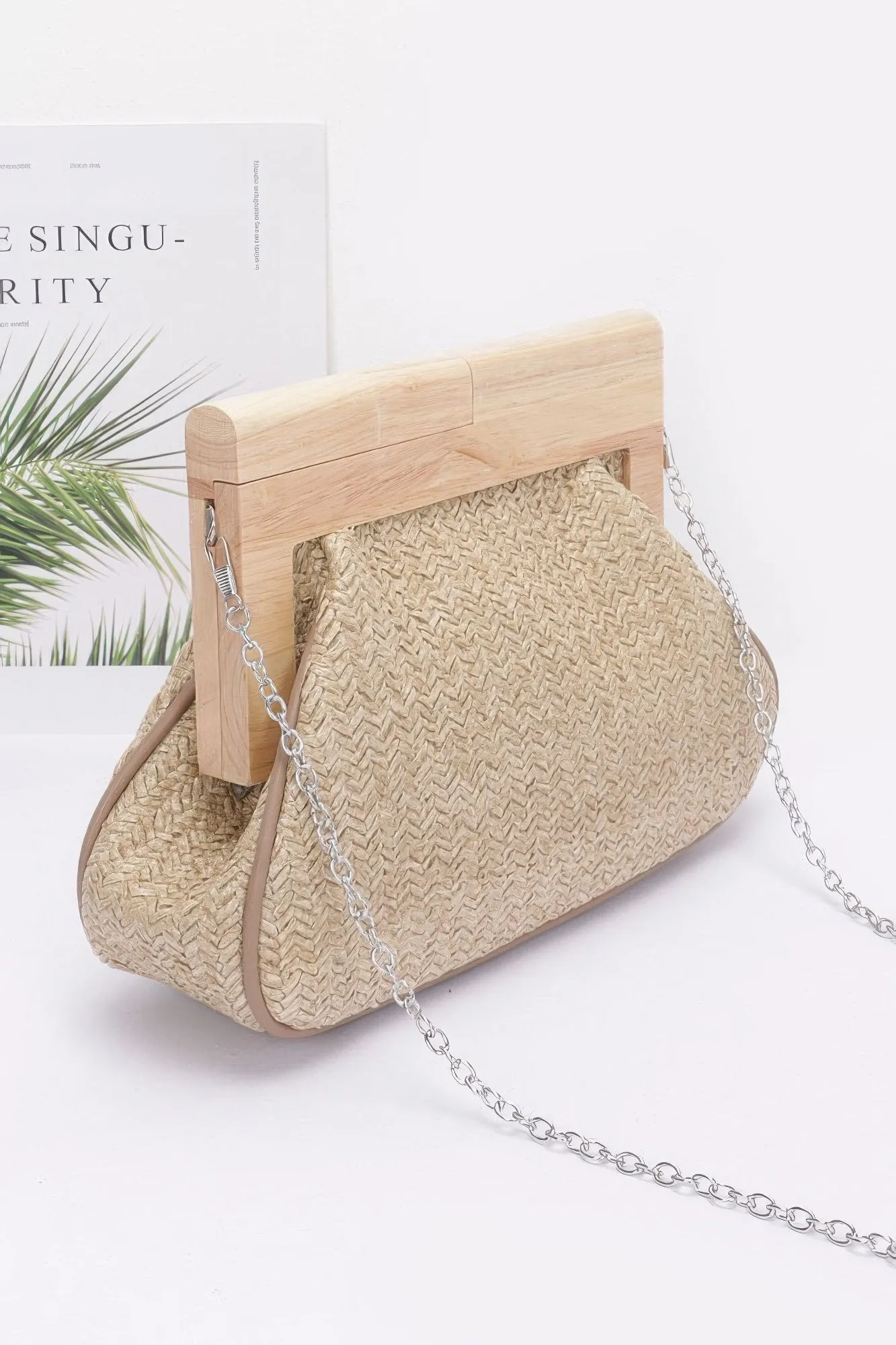 Faux Straw Wood Frame Clutch