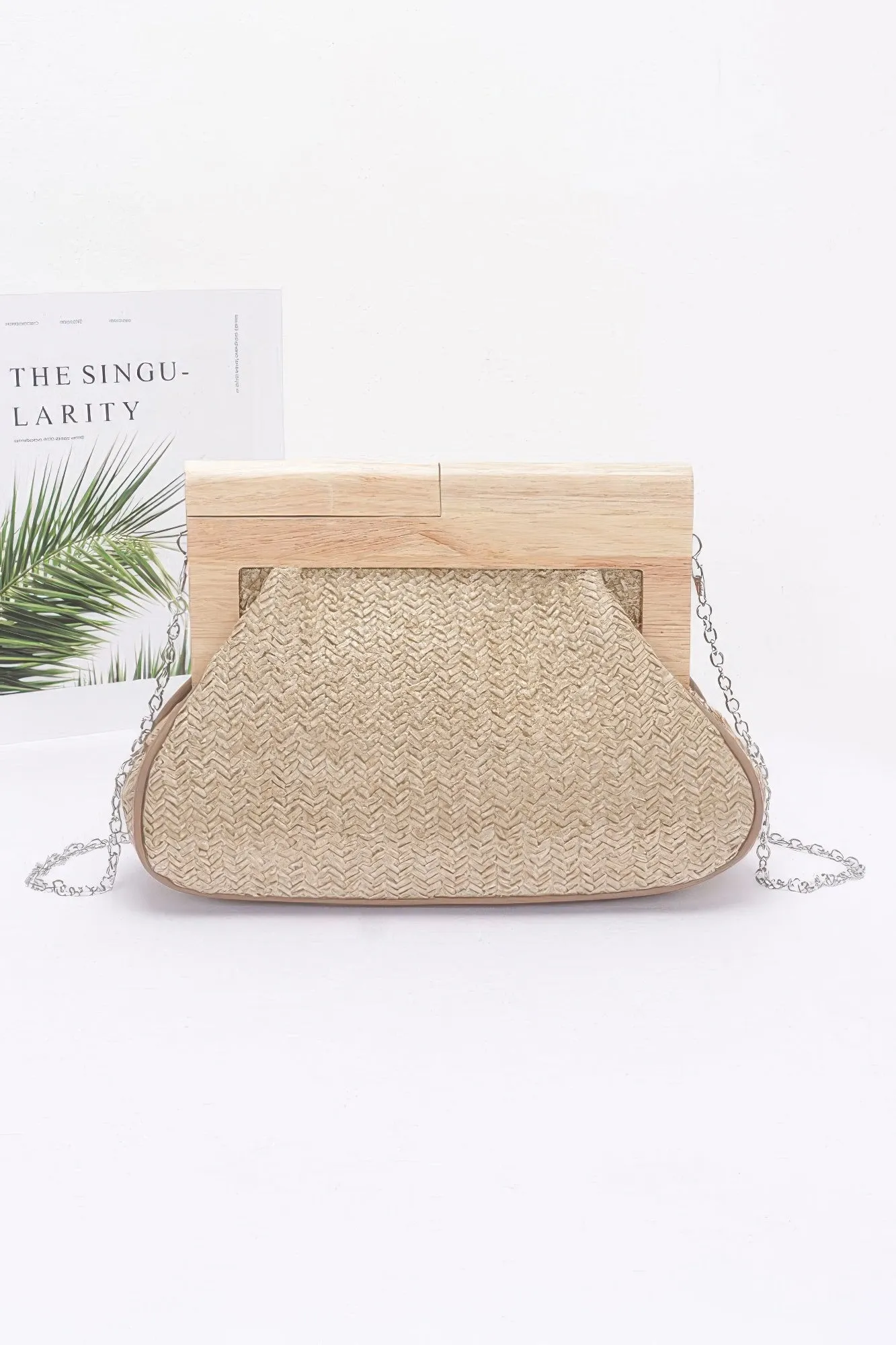 Faux Straw Wood Frame Clutch