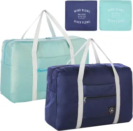 Foldable Travel Duffel Bag 2PCS Tote Carry on Luggage Bag Spirit Airlines Personal item Sports Gym Bag Water Resistant Weekender Overnight Bags for Women and Men (Green Blue)