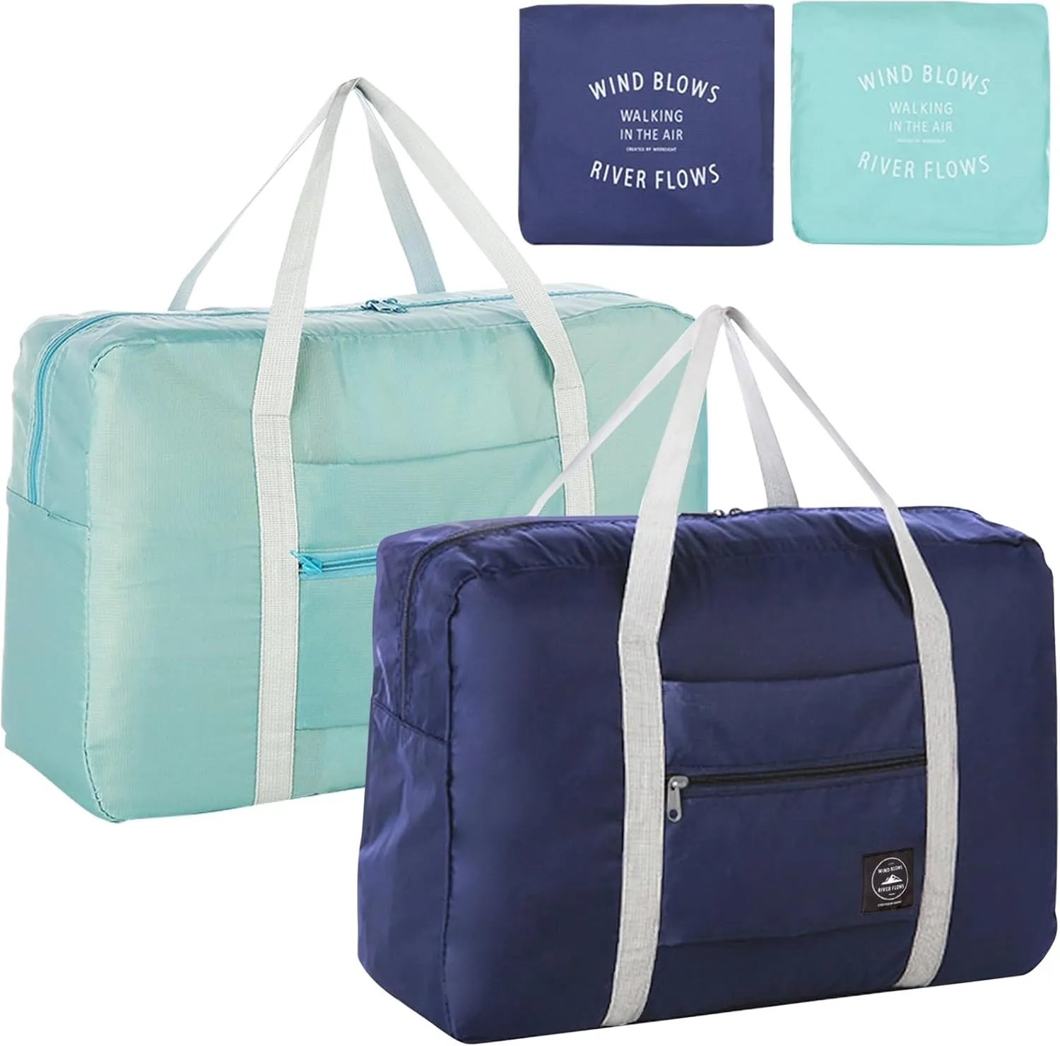 Foldable Travel Duffel Bag 2PCS Tote Carry on Luggage Bag Spirit Airlines Personal item Sports Gym Bag Water Resistant Weekender Overnight Bags for Women and Men (Green Blue)