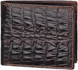 Genuine Real Leather Short Bifold Wallet for Men, RFID Blocking 3D Animal Print Retro Vintage Embossed Clutch Purse. Horizontal Crocodile Tail Coffee