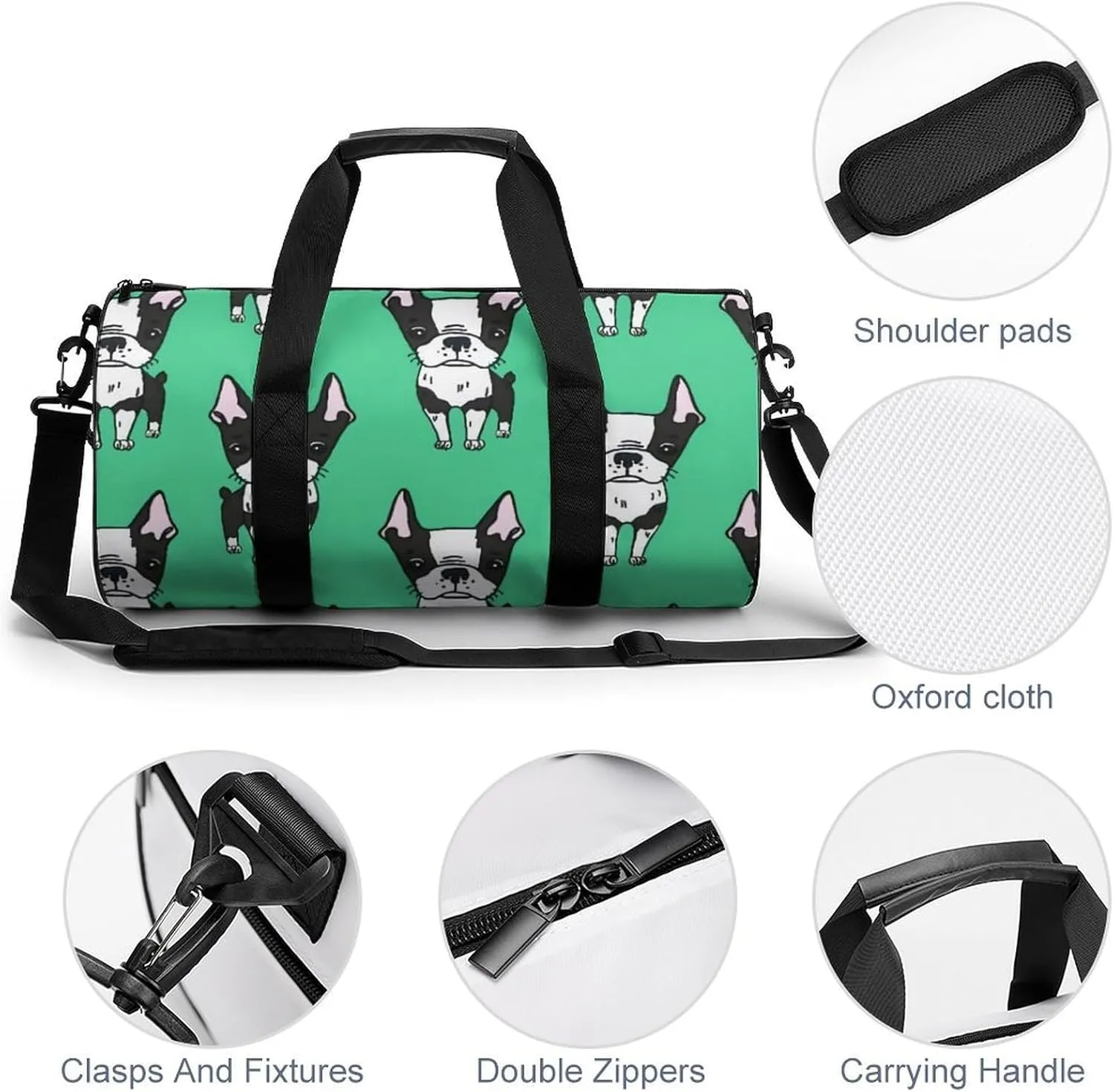 Green Boston Terrier Dogs Large Capacity Cylindrical Fitness Bag Unisex