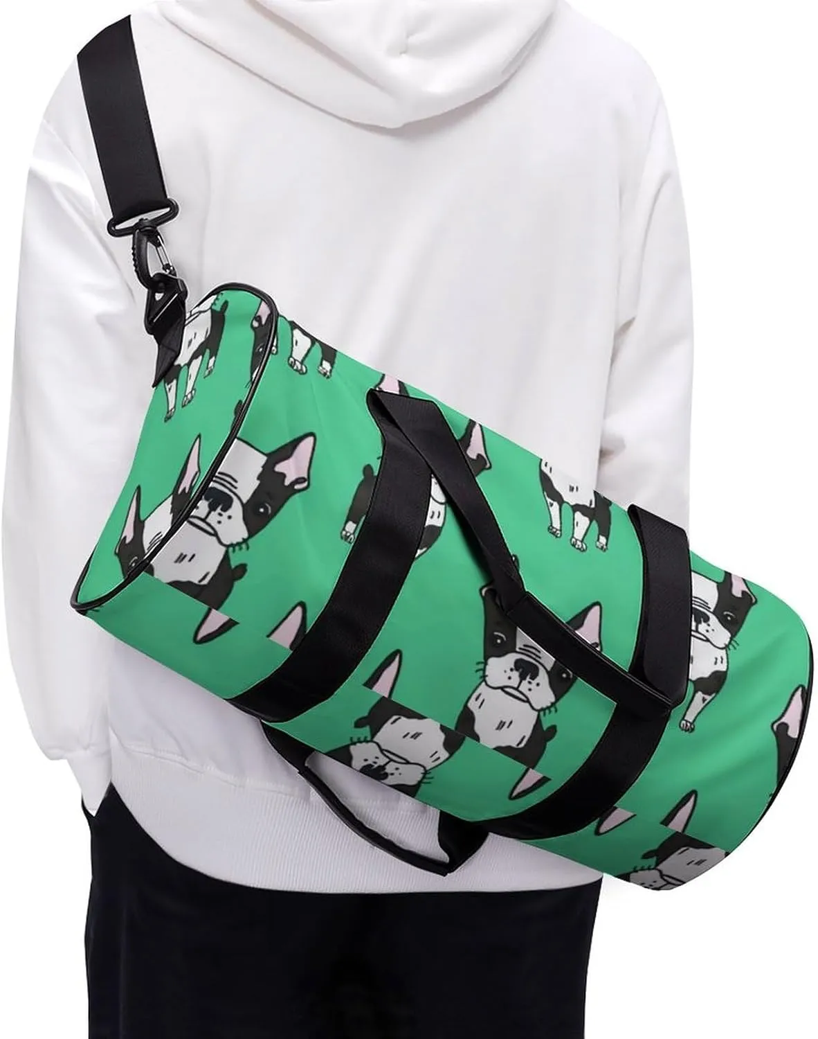 Green Boston Terrier Dogs Large Capacity Cylindrical Fitness Bag Unisex