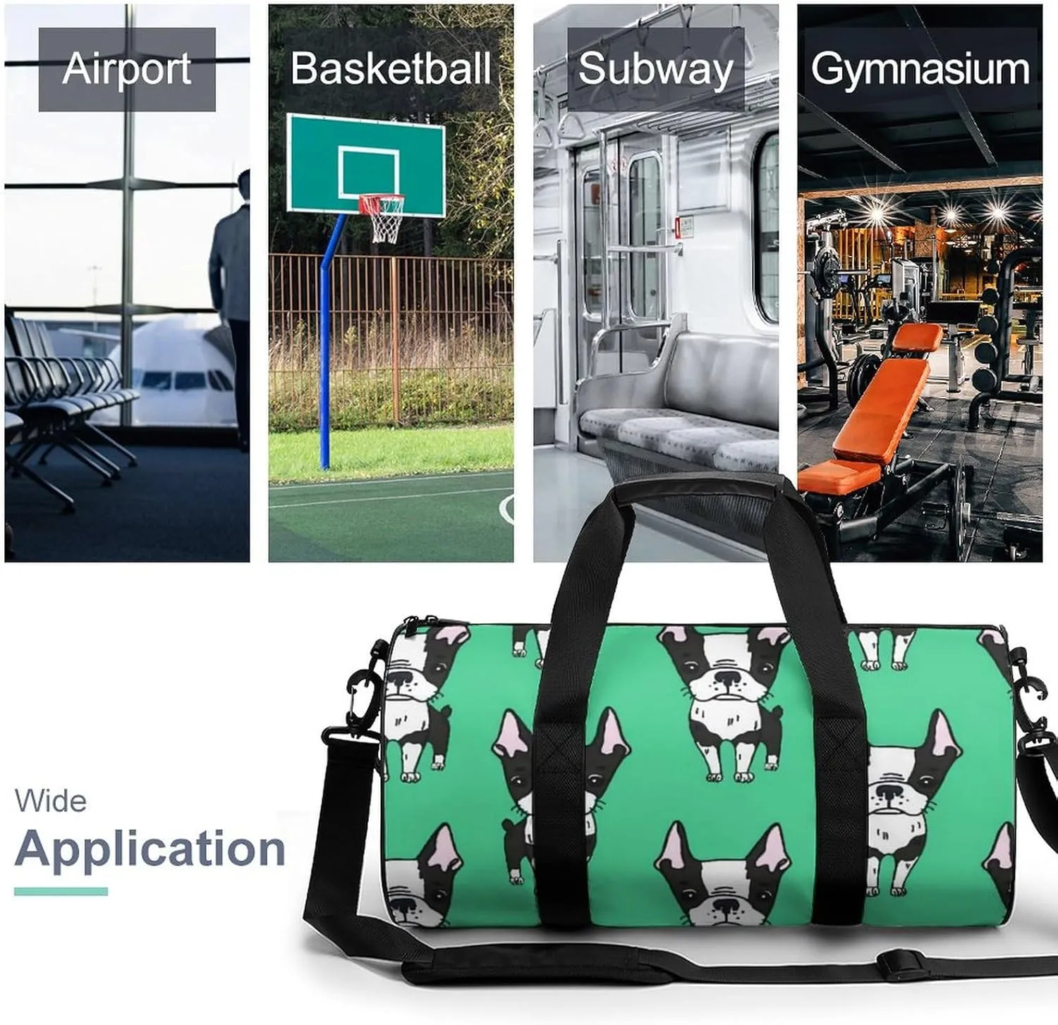Green Boston Terrier Dogs Large Capacity Cylindrical Fitness Bag Unisex