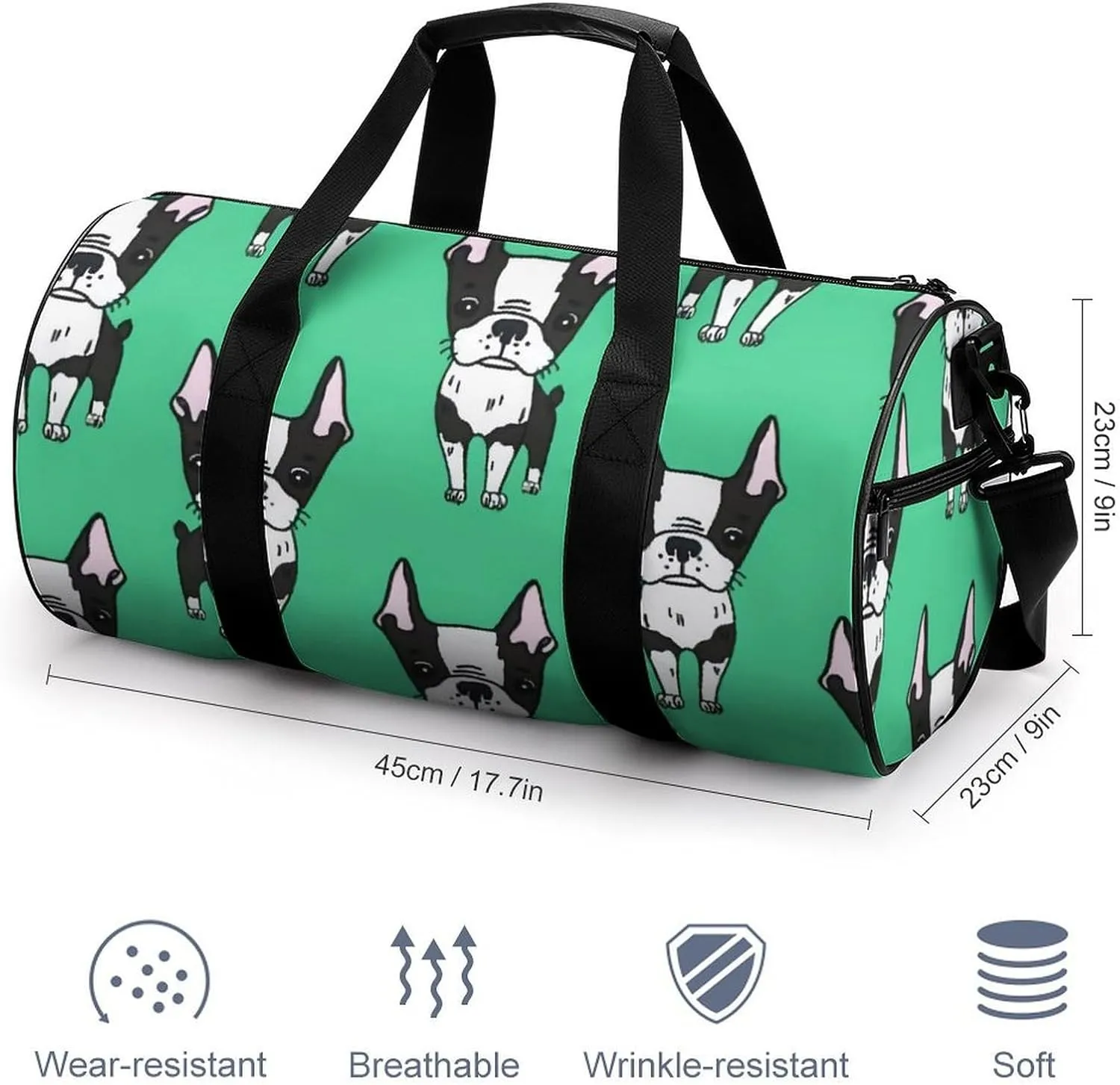Green Boston Terrier Dogs Large Capacity Cylindrical Fitness Bag Unisex
