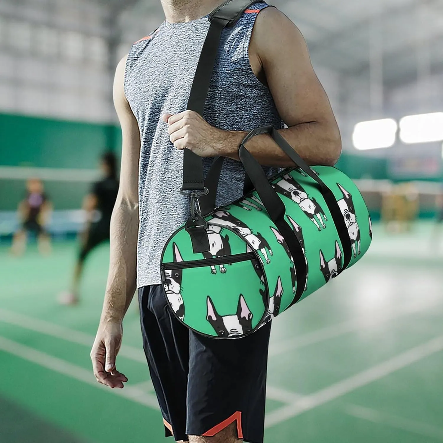 Green Boston Terrier Dogs Large Capacity Cylindrical Fitness Bag Unisex