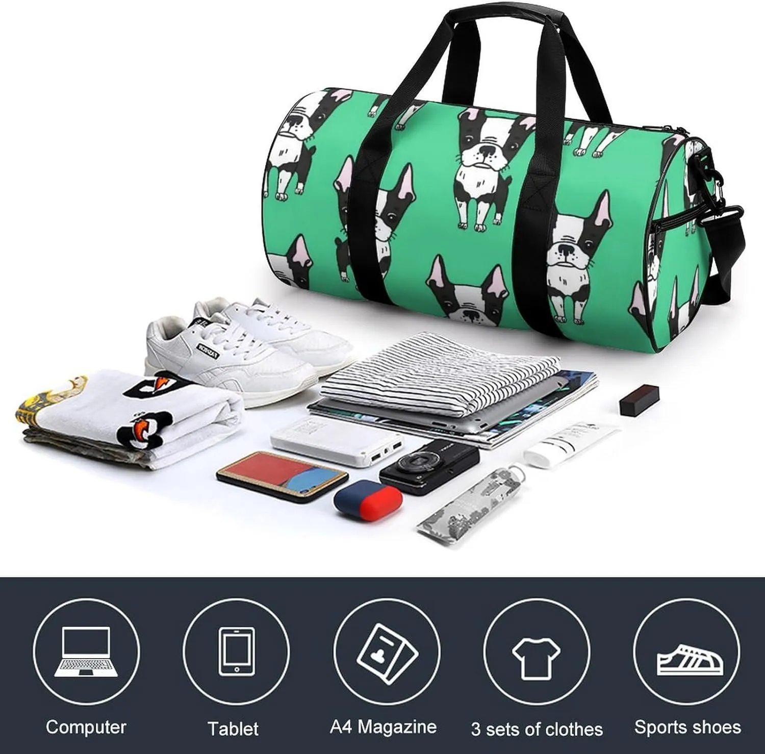 Green Boston Terrier Dogs Large Capacity Cylindrical Fitness Bag Unisex