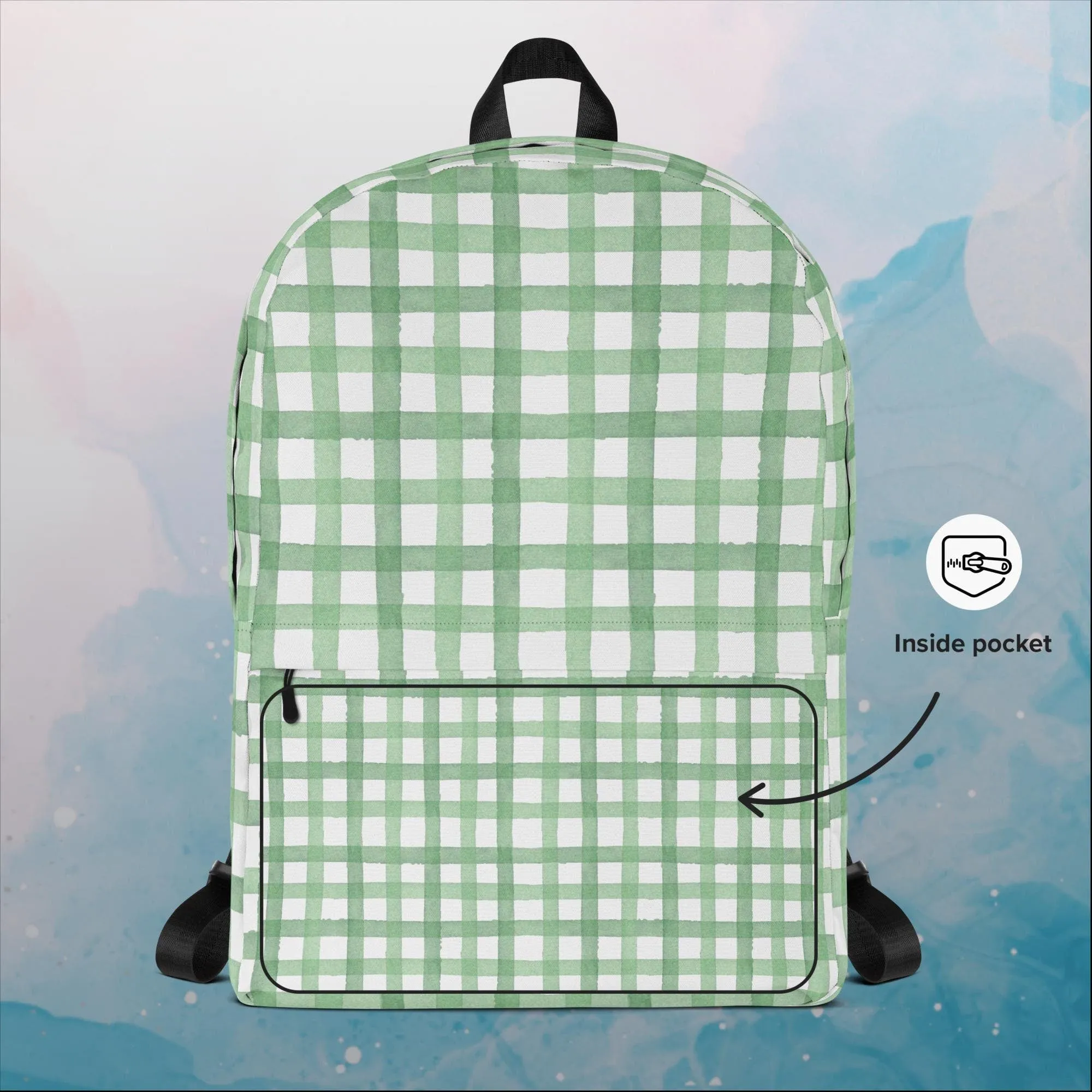 Green Gingham Water Resistant 16 inch Backpack
