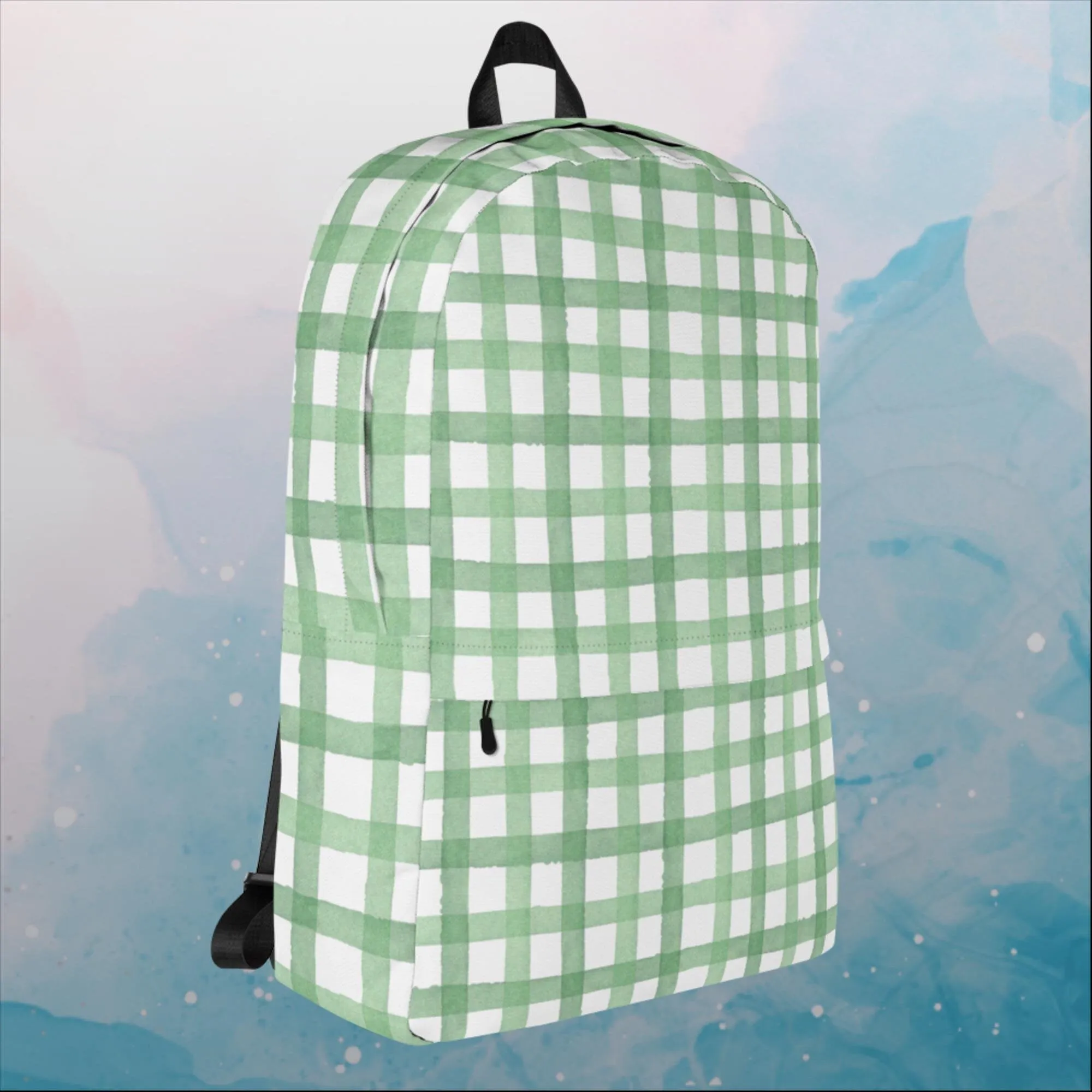 Green Gingham Water Resistant 16 inch Backpack
