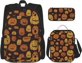Halloween Pumpkin print 3-Piece Casual Backpack Set (Backpack   Waist Bag   Small Pouch), Unisex Daypack