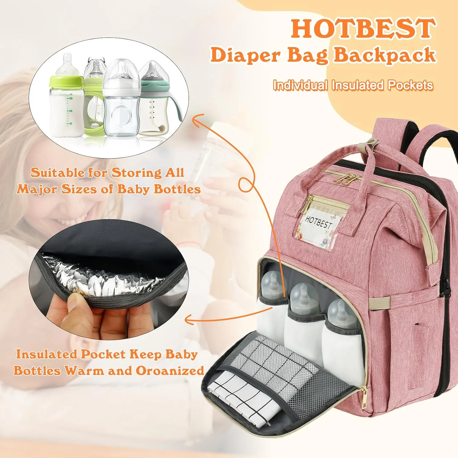 HOTBEST Diaper Bag Backpack, Pink, Large